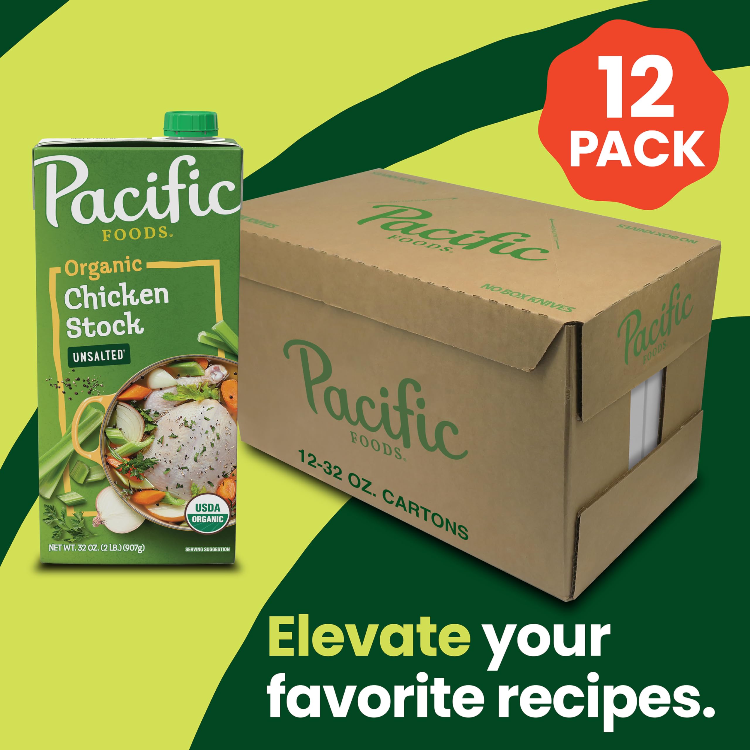 Organic Unsalted Chicken Stock by Pacific Foods - 32 oz Carton (Pack of 12) | All-Natural Broth for Soups, Stews & Cooking | Gluten-Free & Non-GMO