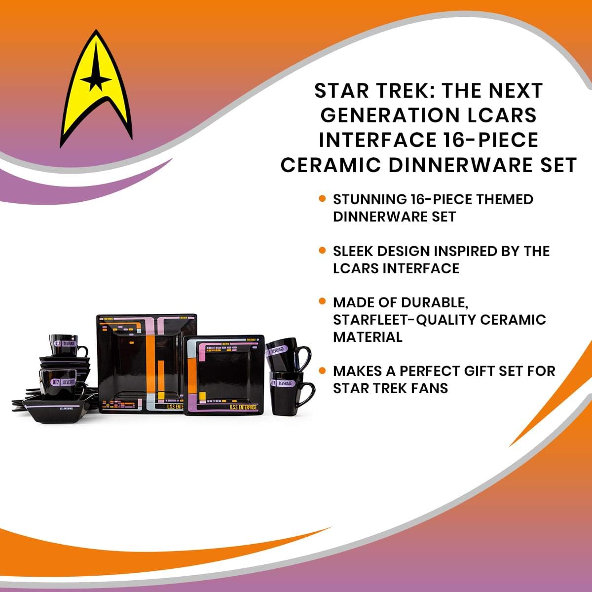 Star Trek: The Next Generation LCARS Interface 16-Piece Ceramic Dinnerware Set | Collectible Kitchen Dish Set | Includes 4 Dinner Plates, 4 Salad Plates, 4 Bowls & 4 Mugs | 4-Person Place Setting | Perfect for Sci-Fi Fans, Star Trek Collectors & Themed Dinner Parties