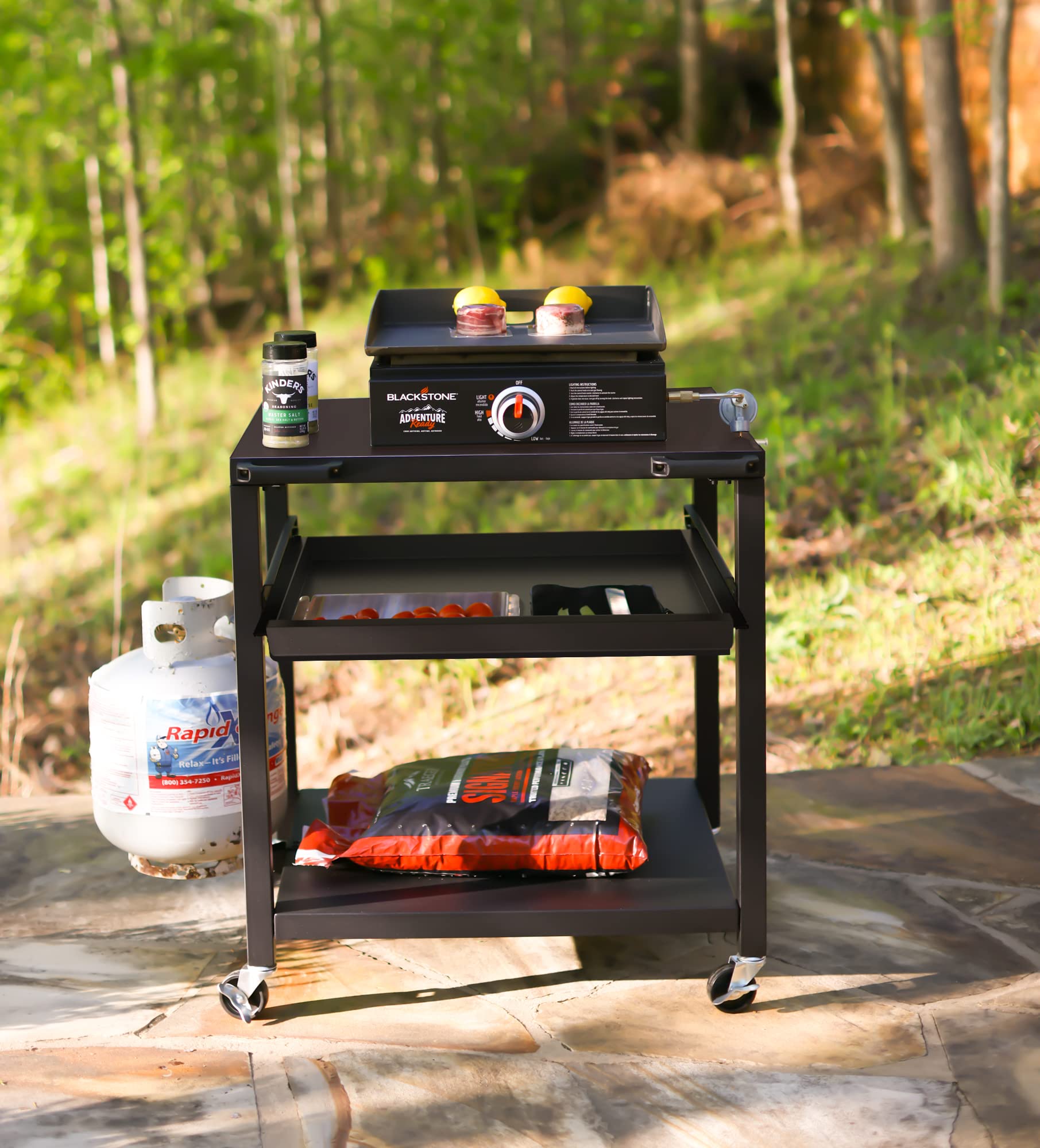 NUUK Heavy Duty 3-Shelf Rolling Outdoor Pizza Oven Table - 24x30 Inch Steel Commercial Food Prep Cart with Drawer & Wheels - Perfect for BBQ, Camping, Patio, Picnic & Outdoor Cooking