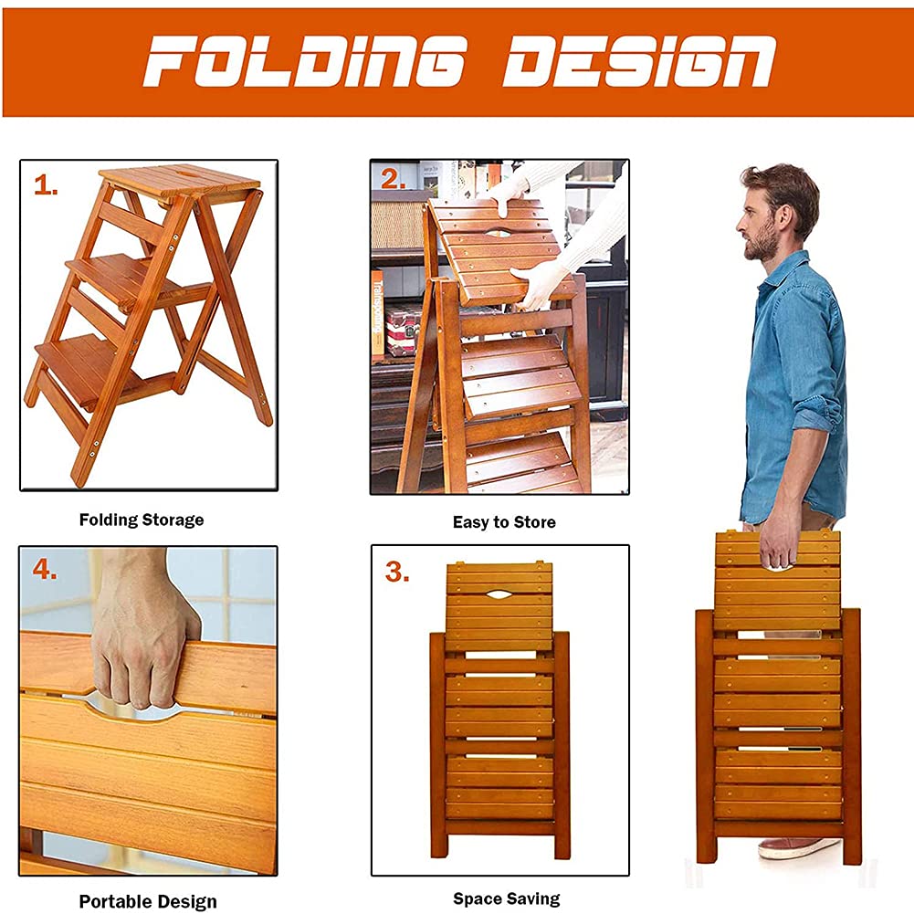 KAZUP 3-Step Wooden Folding Step Stool - Lightweight, Sturdy Indoor Ladder Chair for Home, Library, and Garden Use - Perfect for Reaching High Shelves and Storage Spaces