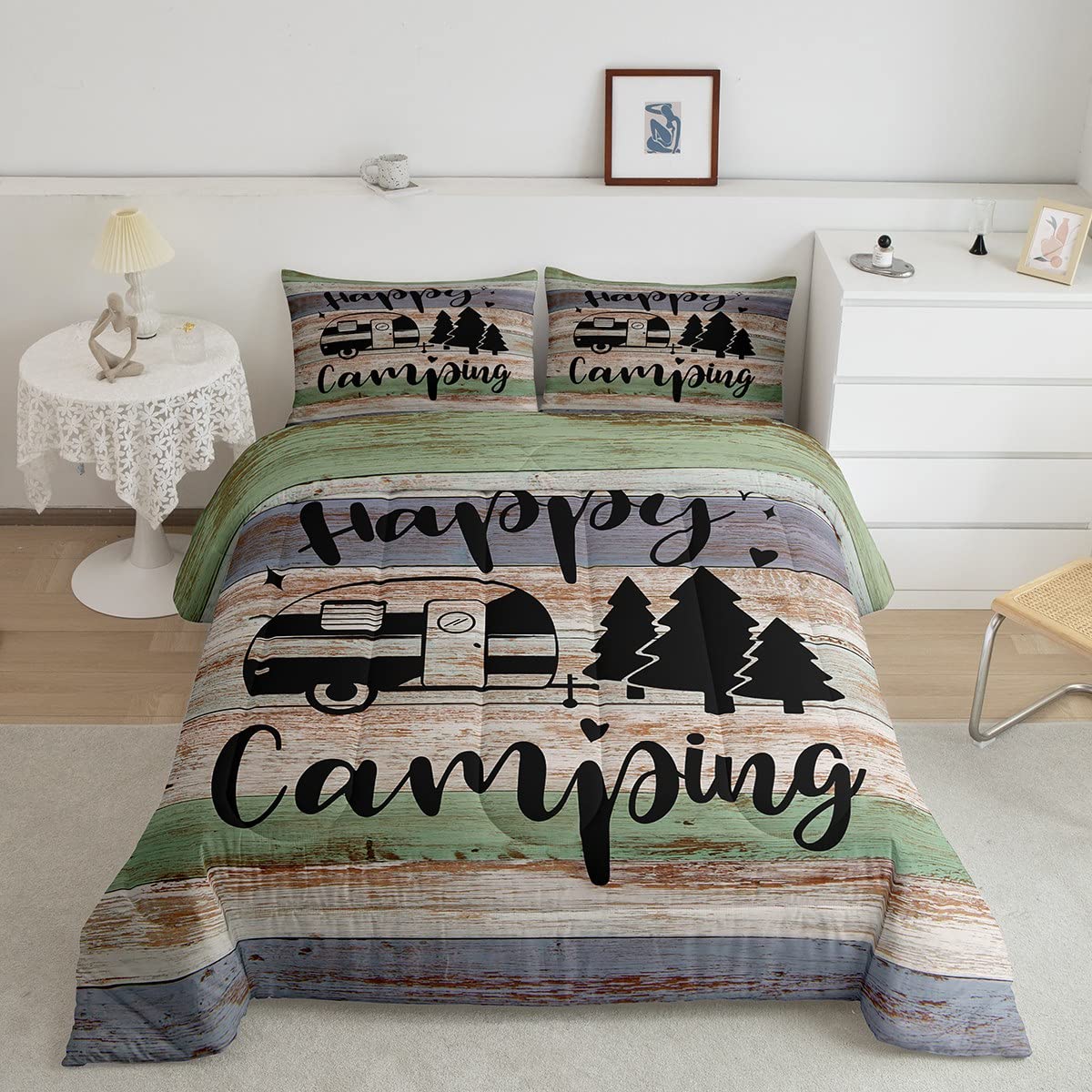 Happy Camping Queen Size Comforter Set - Vintage Farmhouse Style Bedding for Kids, Men & Women - 3 Piece Luxury Quilt Set with Barn Door Design - Perfect for Bedroom Decor, Guest Rooms & Cozy Cabin Retreats