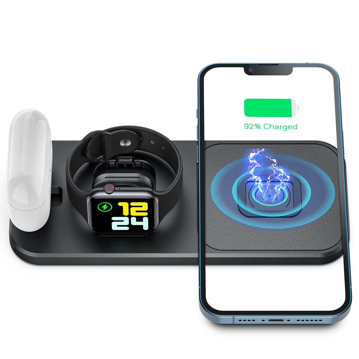 XICPU 3-in-1 Fast Wireless Charging Station - Portable Foldable Stand for Apple Watch, iPhone & AirPods - Black | Perfect for Home, Office & Travel Charging