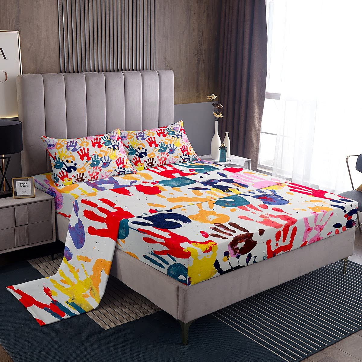 Manfei Twin Size 3-Piece Hand Print Sheet Set - Colorful Doodles Pattern Bedding with Deep Pocket (Fitted Sheet + Flat Sheet + Pillowcase) | Kids Drawing Style Bed Sheets for Boys & Girls | Perfect for Children's Rooms, Sleepovers & Playful Bedroom Decor
