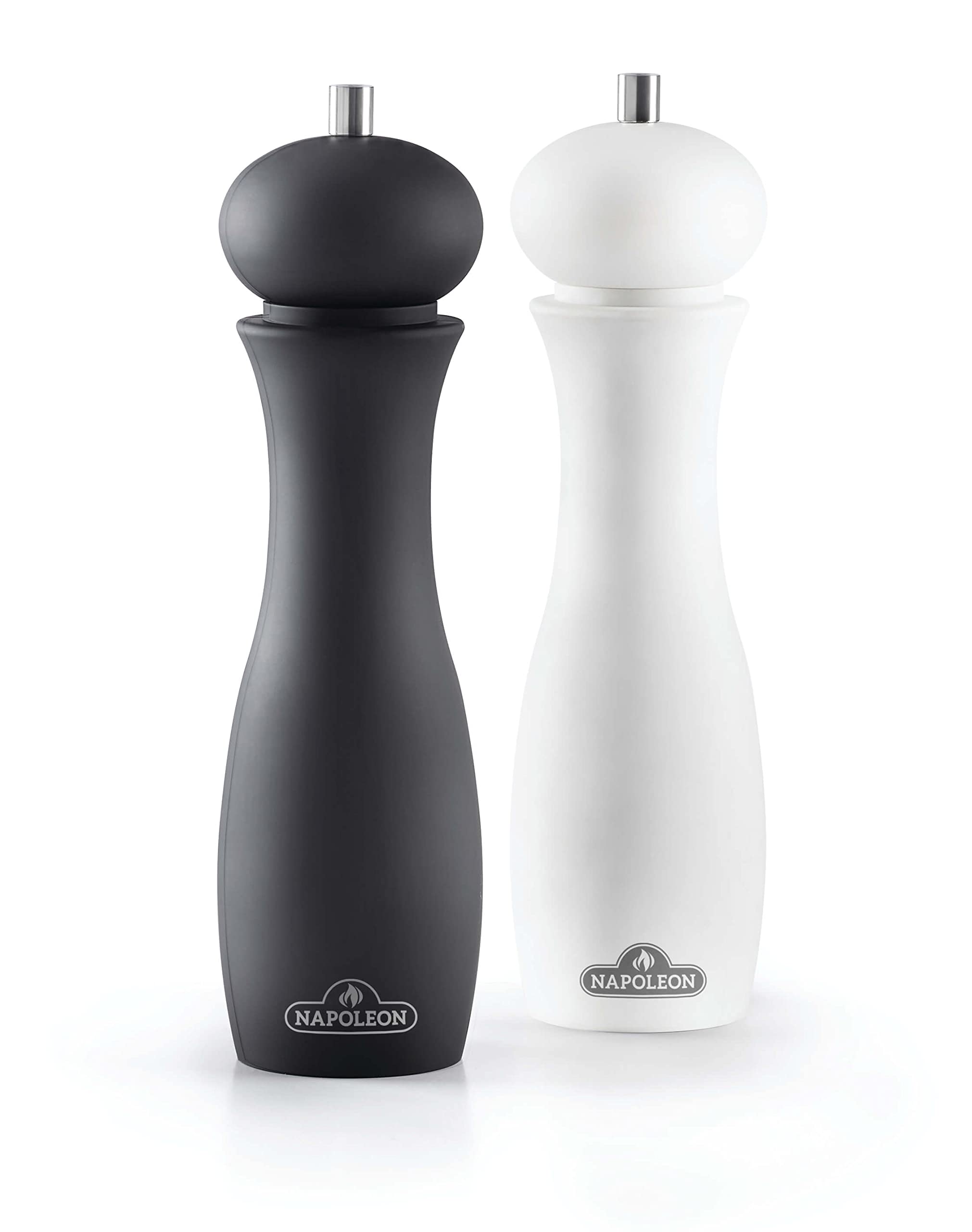 Napoleon Salt and Pepper Grinder Set - Premium BBQ Grill Accessories, 2-Piece Matte Black Pepper & White Salt Mill with Ceramic Grinding Mechanism, Soft Grip, 10 Inch Height - Perfect for Outdoor Cooking, Kitchen, Dining Table, and Camping Use