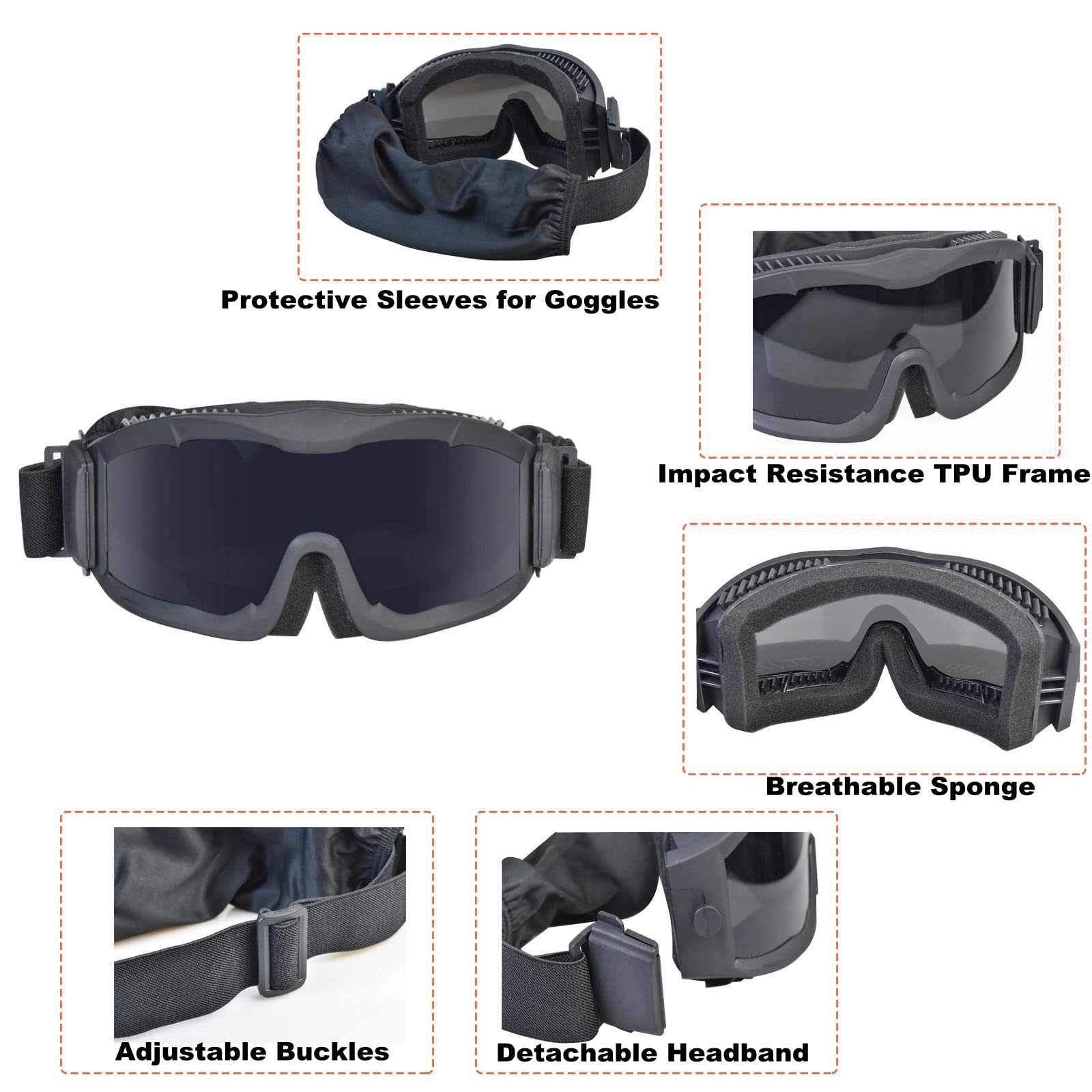 Tactical Safety Goggles - Anti Fog Military Shooting Glasses for Airsoft, Cycling, Hunting & Outdoor Activities | UV Protection & Impact Resistant for Sports & Work Safety
