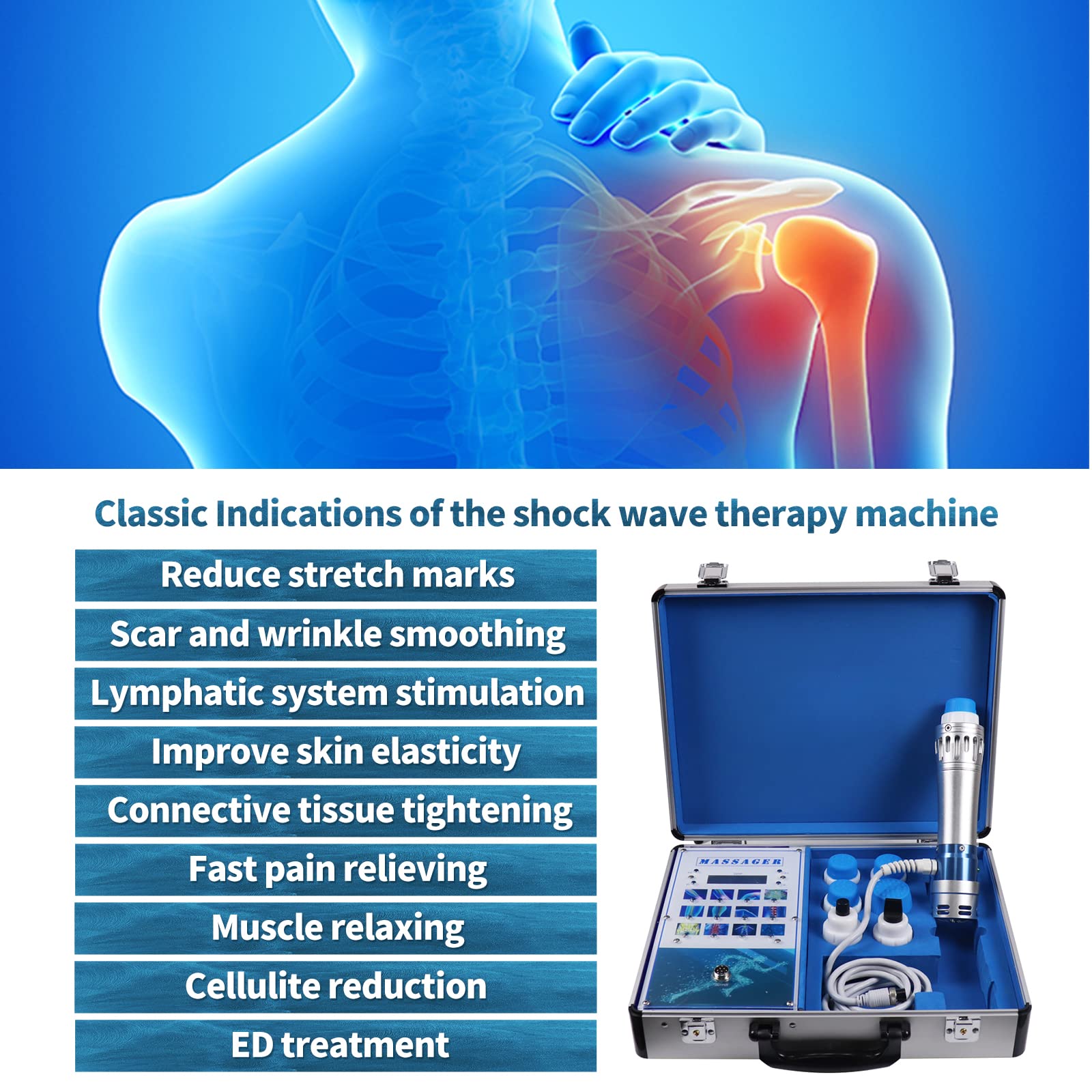 Professional Shock Wave Therapy Machine for Pain Relief - 7 Interchangeable Massage Heads for Deep Tissue & Muscle Relaxation - Ideal for Athletes, Physical Therapy & Home Use
