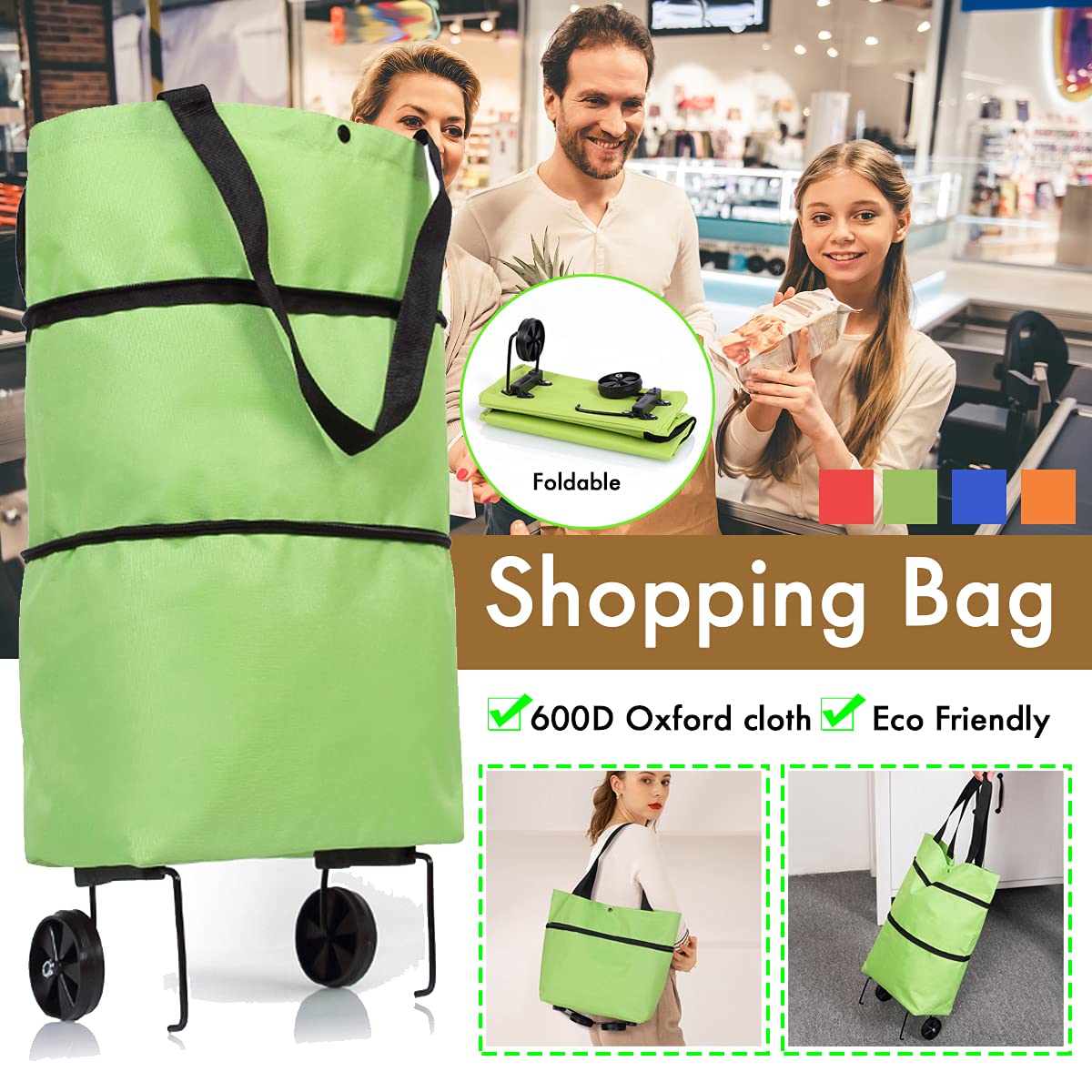 2 in 1 Foldable Shopping Cart with Wheels - Collapsible Grocery Cart & Storage Bag for Supermarket, Travel & Home Use - Heavy Duty Zippered Trolley (Black) | Perfect for Grocery Shopping, Laundry & Outdoor Activities