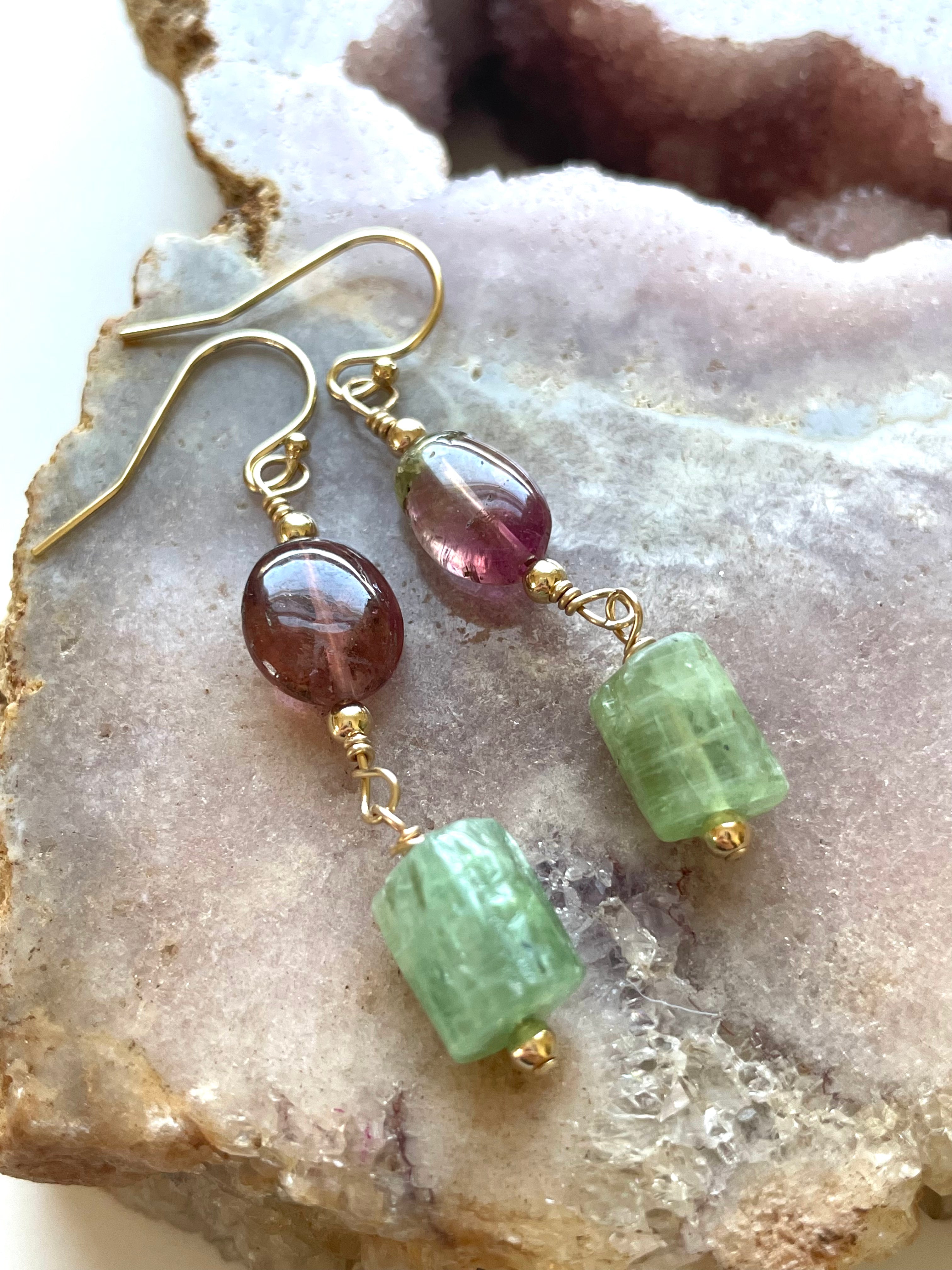 Pink Tourmaline & Green Kyanite Gold Filled Earrings | Healing Crystal Jewelry for Women | Perfect for Meditation, Yoga & Spiritual Gifts
