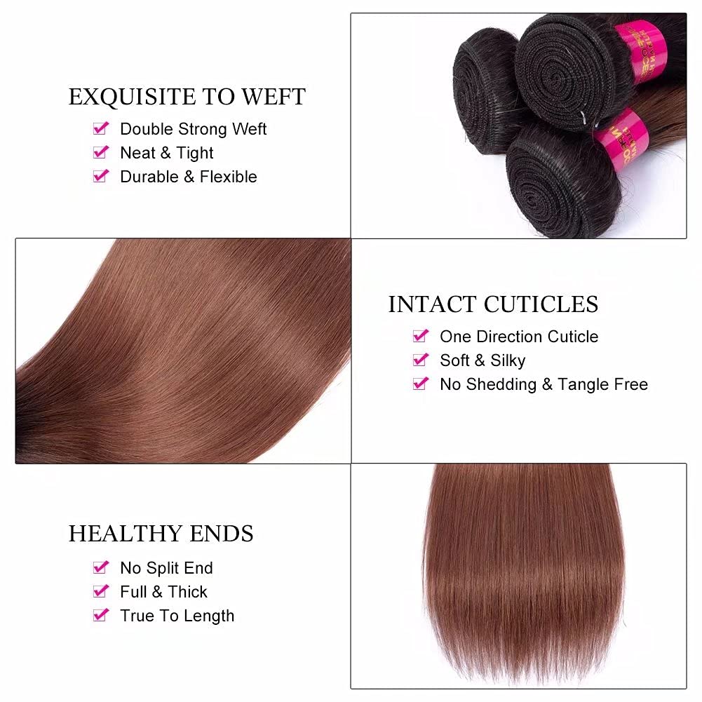 FEEL ME Black to Brown Straight Ombre Human Hair Bundles 1B/30 | 100% Virgin Brazilian Hair Extensions | Unprocessed 8A Grade Silky Straight Weave (14 16 18 Inches) | Perfect for Daily Wear, Parties & Special Occasions