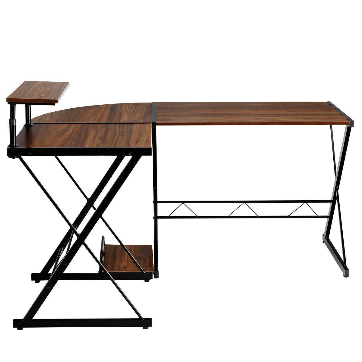 HPW Walnut L-Shaped Computer Desk with Open Storage Shelf & CPU Stand - Home Office Workstation for PC, Laptop, Studying, Reading & Writing - Convertible into 2 Separate Tables for Flexible Workspace Setup