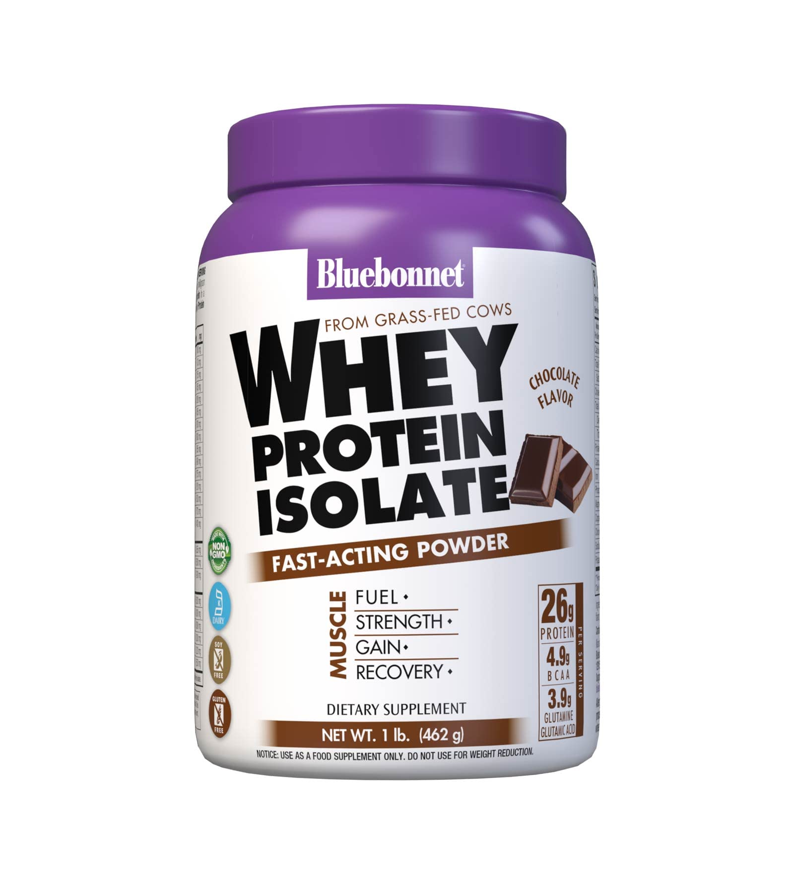 Bluebonnet Nutrition Whey Protein Isolate Powder from Grass-Fed Cows - 26g Protein, No Sugar Added, Gluten Free, Soy Free, Kosher Dairy - 1 Lb (14 Servings) Chocolate Flavor for Post-Workout Recovery & Muscle Building