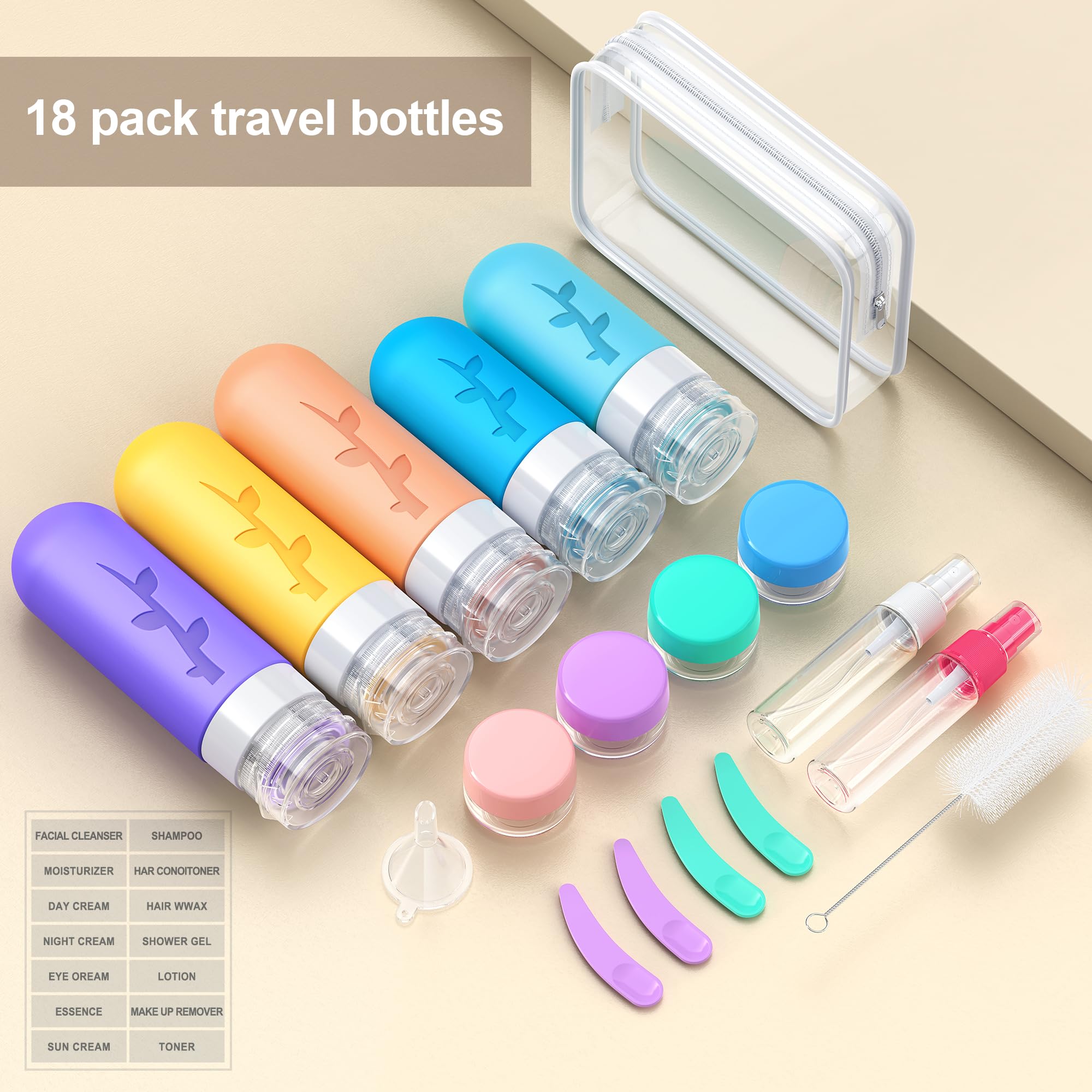 19-Pack TSA Approved Silicone Travel Bottles Set - Leakproof Refillable Toiletry Containers for Shampoo, Conditioner & Cosmetics | Perfect for Air Travel, Gym & Vacation Essentials