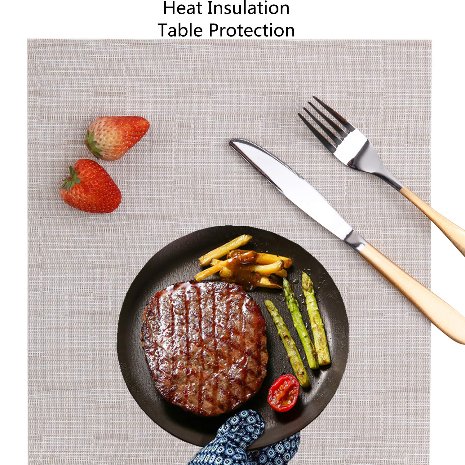 Myir JUN Set of 8 Washable Non-Slip Heatproof Woven Placemats - PVC Fabric Dining Table Mats for Indoor Use (White) | Perfect for Everyday Meals, Dinner Parties & Home Decor