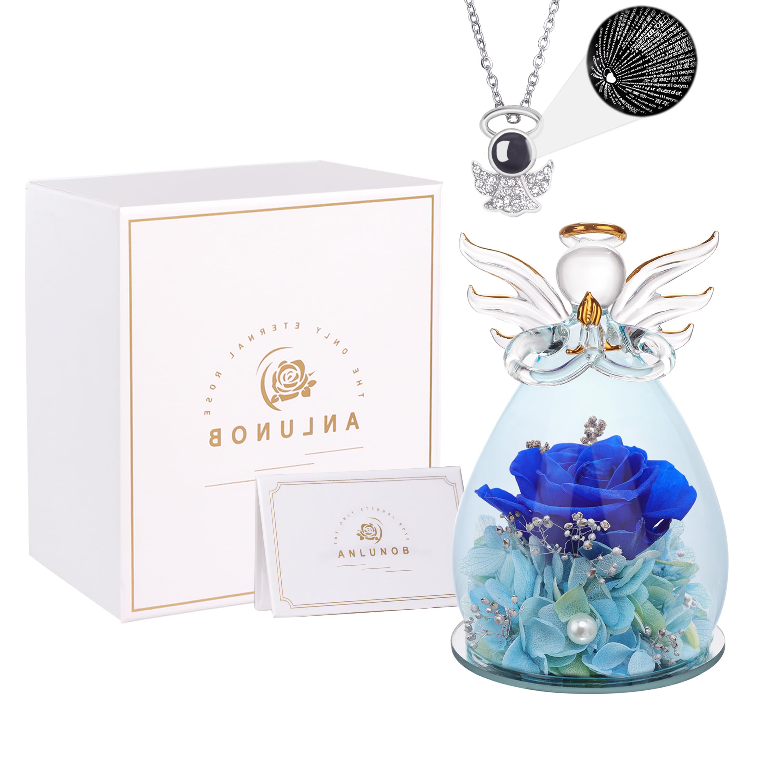 ANLUNOB Preserved Rose with Angel Figurine & 'I Love You' Necklace in 100 Languages - Eternal Flower Gift Set for Birthday, Christmas, Mother's Day & Thanksgiving - Romantic Home Decor & Thoughtful Present for Her