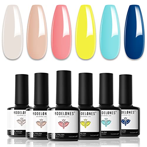 Modelones Gel Nail Polish Set - 6 Colors Summer Gel Polish Kit with Bright Neon Yellow, Pink, Blue & Nude Shades | LED Cured, Soak Off Gel Nail Art Kit | Perfect for DIY Manicure, Salon Use & Holiday Gifts for Women | Great for Parties, Weddings & Summer Nail Designs