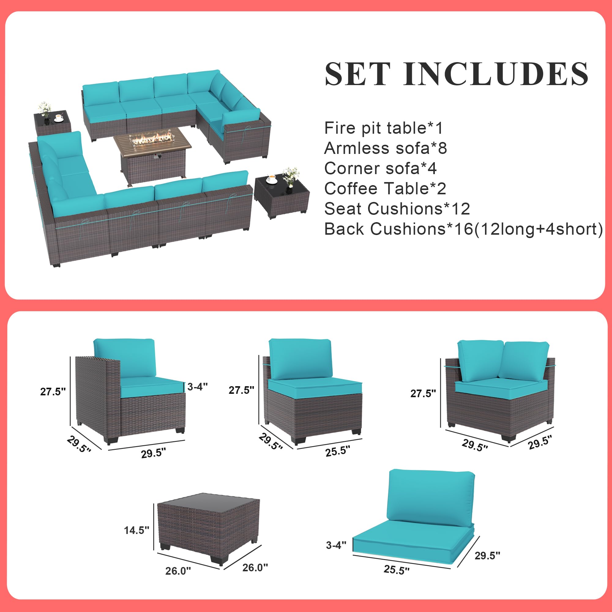 Gotland 15-Piece Outdoor Patio Furniture Set with 43-inch Gas Fire Pit Table - 55,000 BTU Auto-Ignition Sectional Sofa Set with Glass Wind Guard - Perfect for Backyard, Garden, and Poolside Gatherings