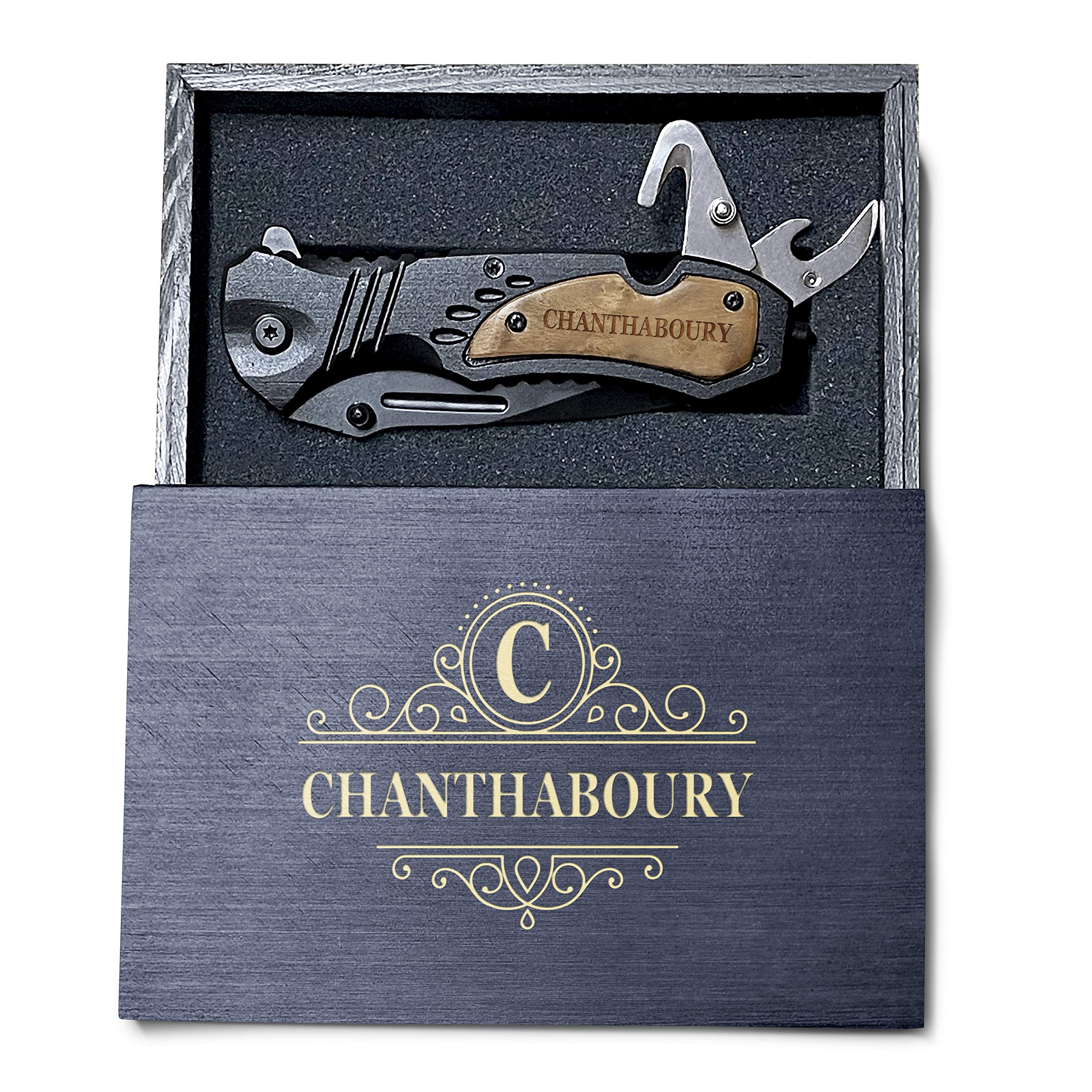 Premium Laser Engraved Personalized Folding Knife Set - Stainless Steel Blade with Wooden Gift Box - Perfect for Camping, Hiking & Outdoor Adventures