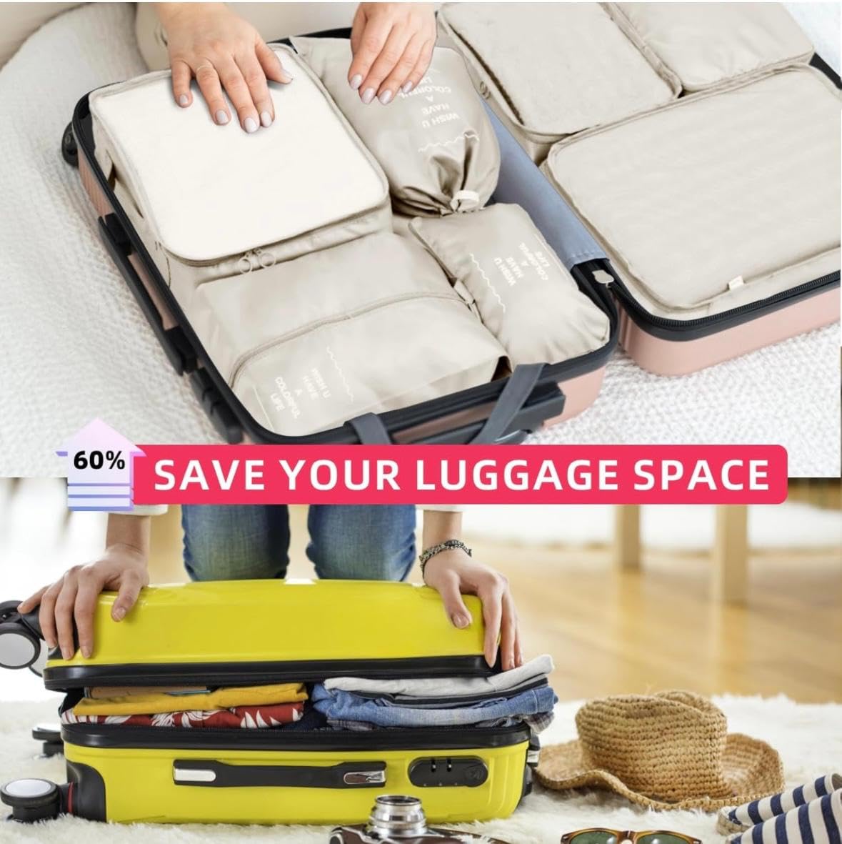 9-Piece Packing Cubes Set for Suitcases - Aydicon Travel Luggage Organizer with Laundry Bag, Toiletry Bag, Shoe Storage & Compression Bags - Perfect for Business Trips, Vacations & Weekend Getaways (Cream)
