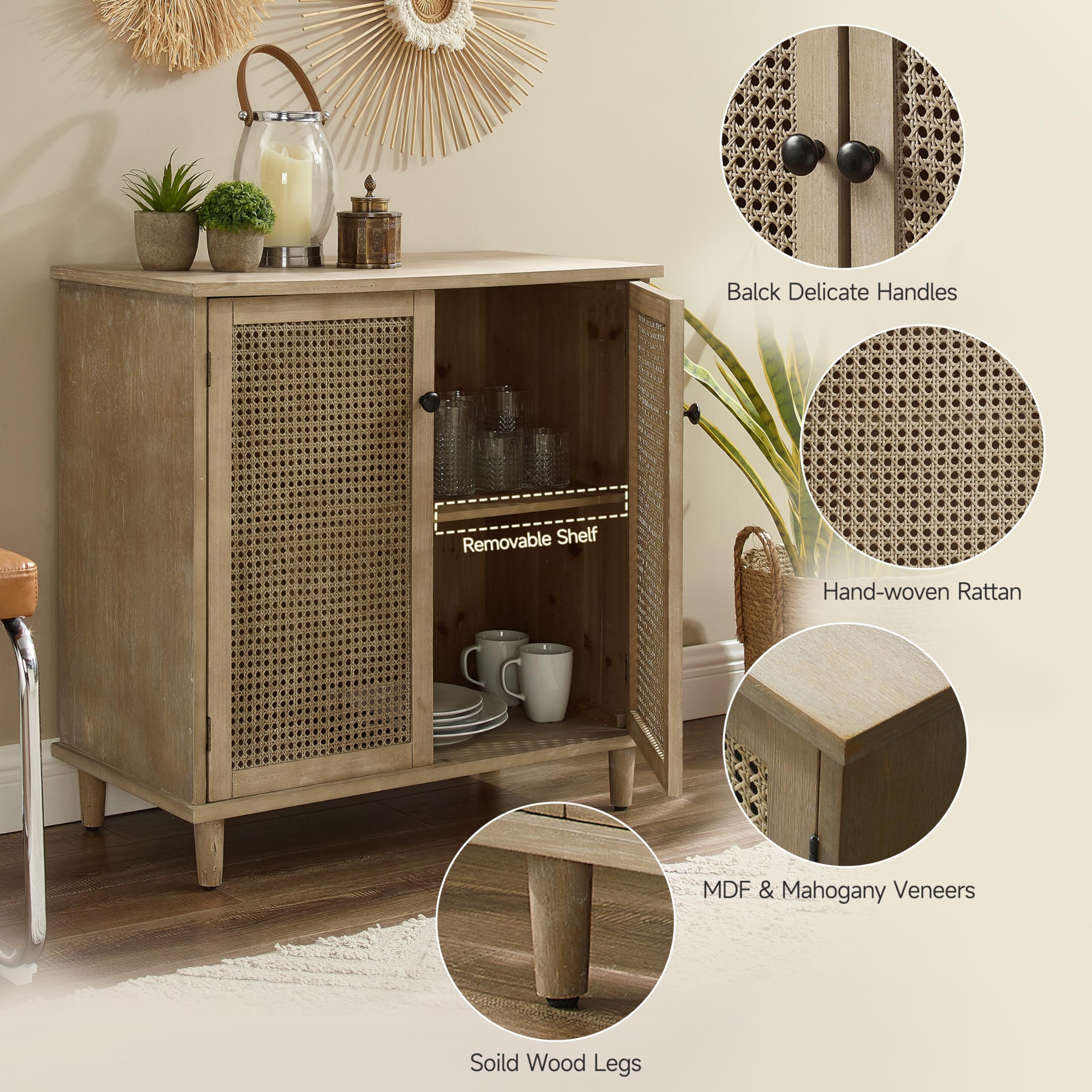Art Leon 2-Door Rattan Storage Cabinet - Antique Natural Buffet Sideboard for Kitchen, Dining Room, Hallway & Living Room | Perfect for Organizing Dishes, Linens & Home Decor