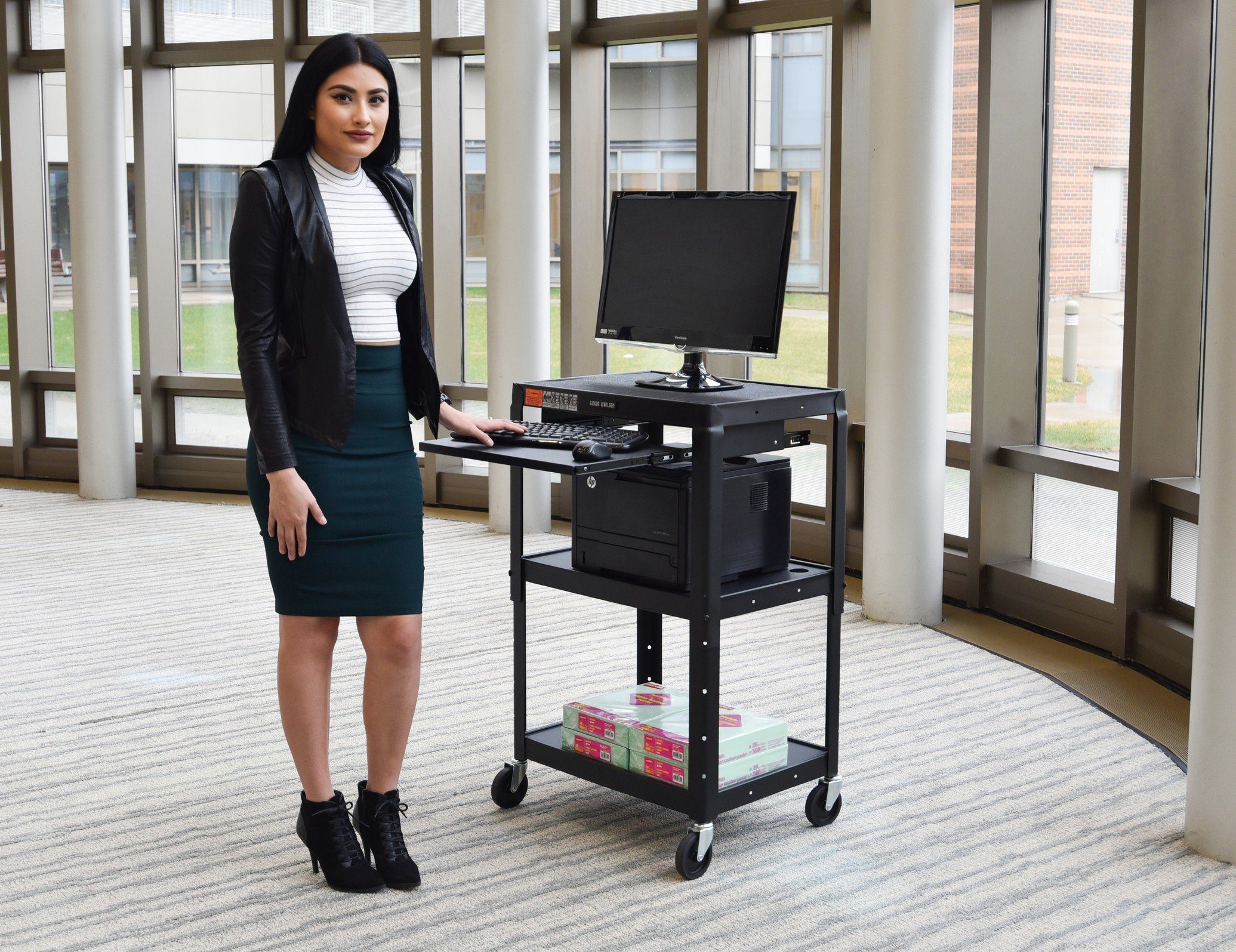 Luxor Adjustable Height Black Metal AV Cart with Pullout Keyboard Tray - Perfect for Classrooms, Offices, and Home Entertainment Systems