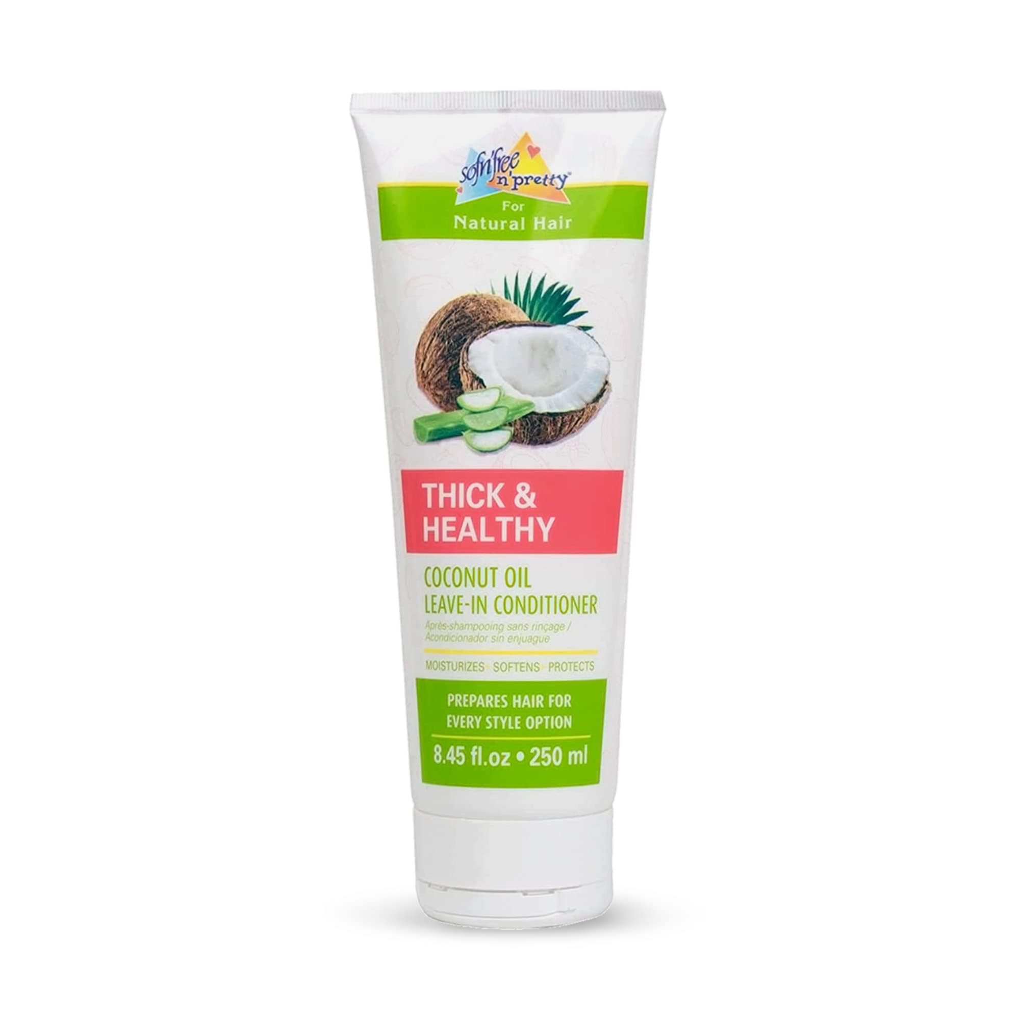 Sofn’Free n’Pretty - Thick & Healthy Coconut Oil Leave-in Conditioner for Curly Hair - Moisturizing & Softening Treatment with Coconut & Aloe Vera - Safe for Kids & Adults - 8.45 Fl Oz - Perfect for Daily Hair Care, Frizz Control & Heat Protection