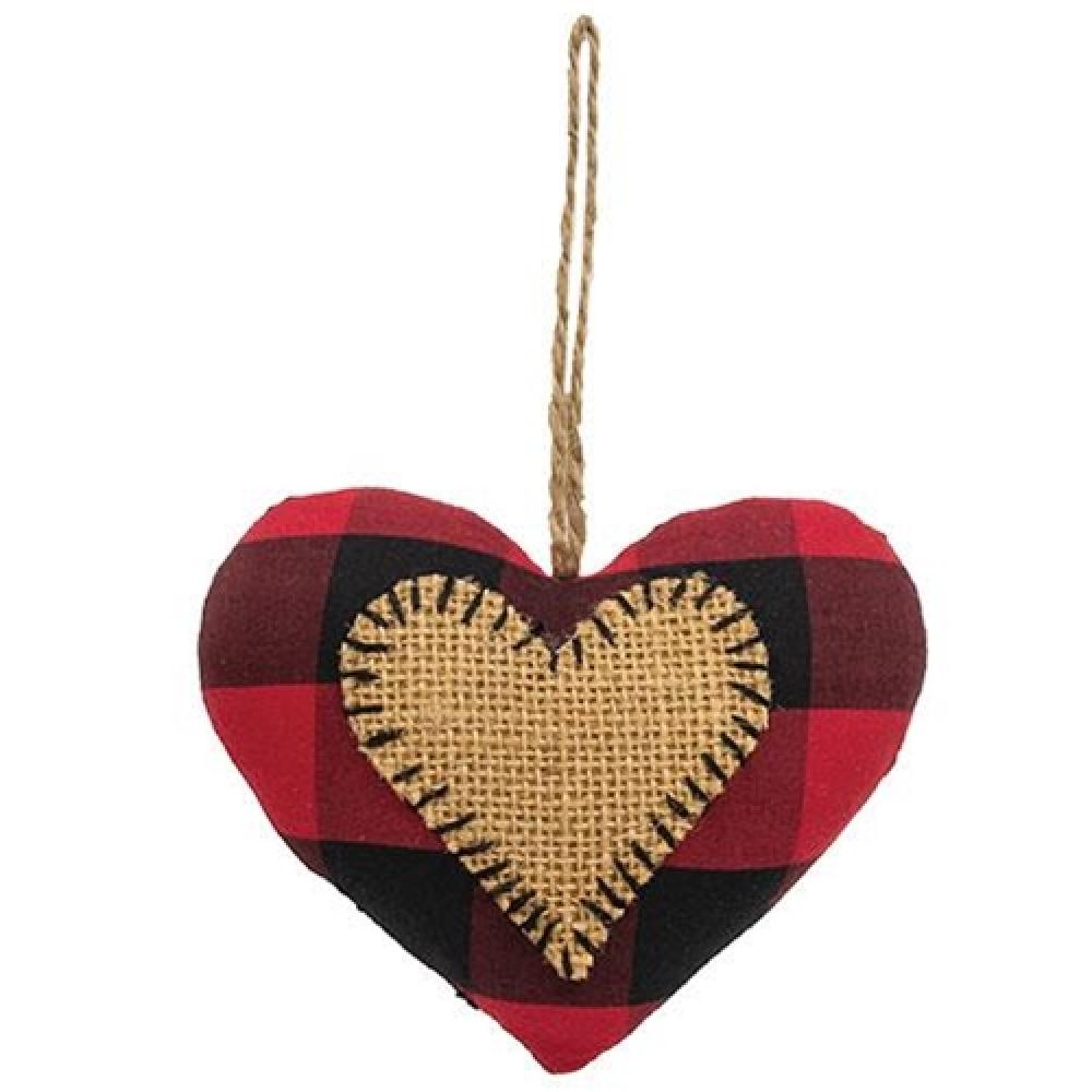 Red & Black Buffalo Check Heart Stitched Fabric Ornament - Rustic Country Home Decor for Christmas Tree, Gift Wrapping, and Holiday Mantel Decorations