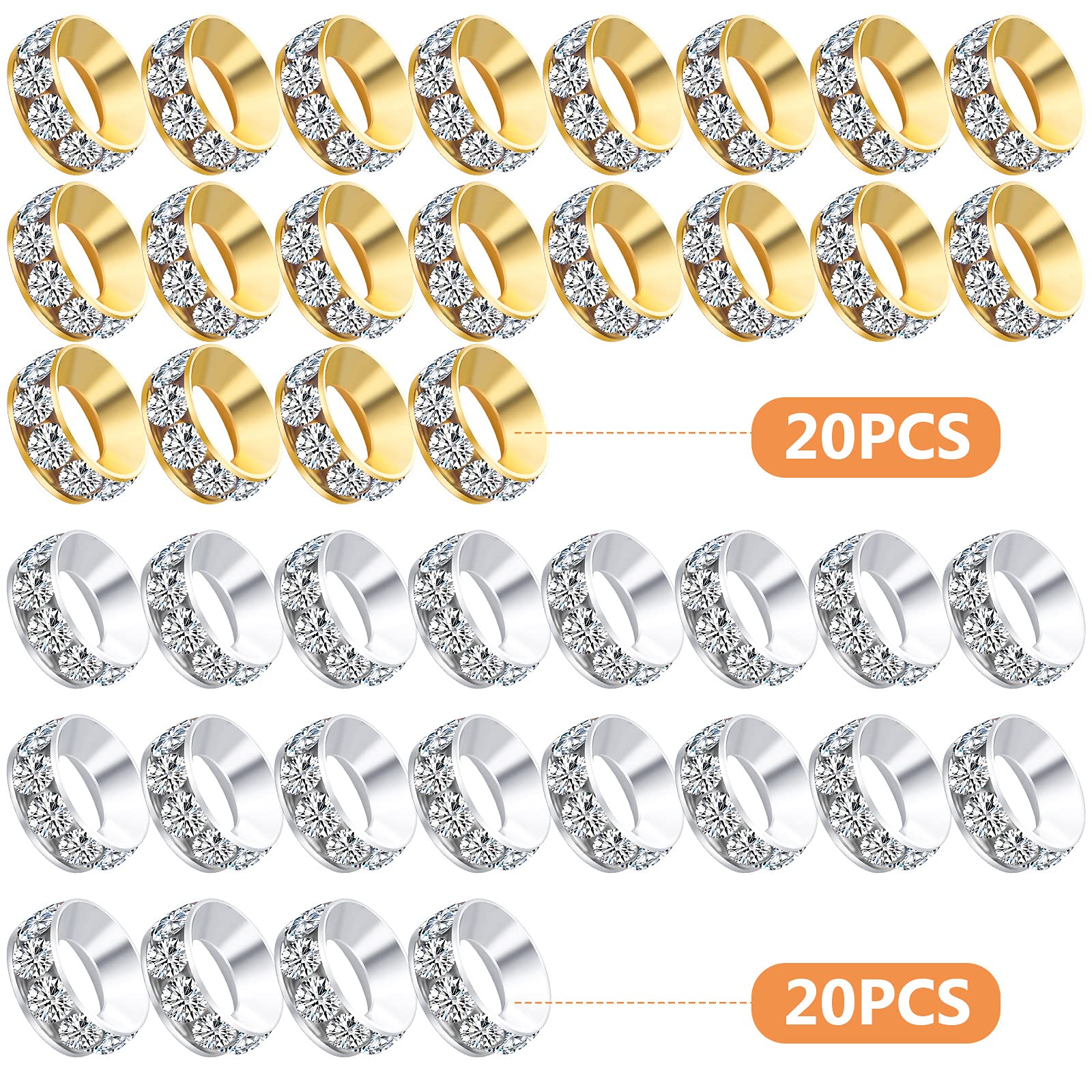 40pcs Crystal Rhinestone Spacer Beads - Rondelle Loose Beads with Large Holes for Jewelry Making, Necklaces, Bracelets & DIY Crafts (Golden & Silver) - Perfect for European Style Jewelry Designs & Gift Making