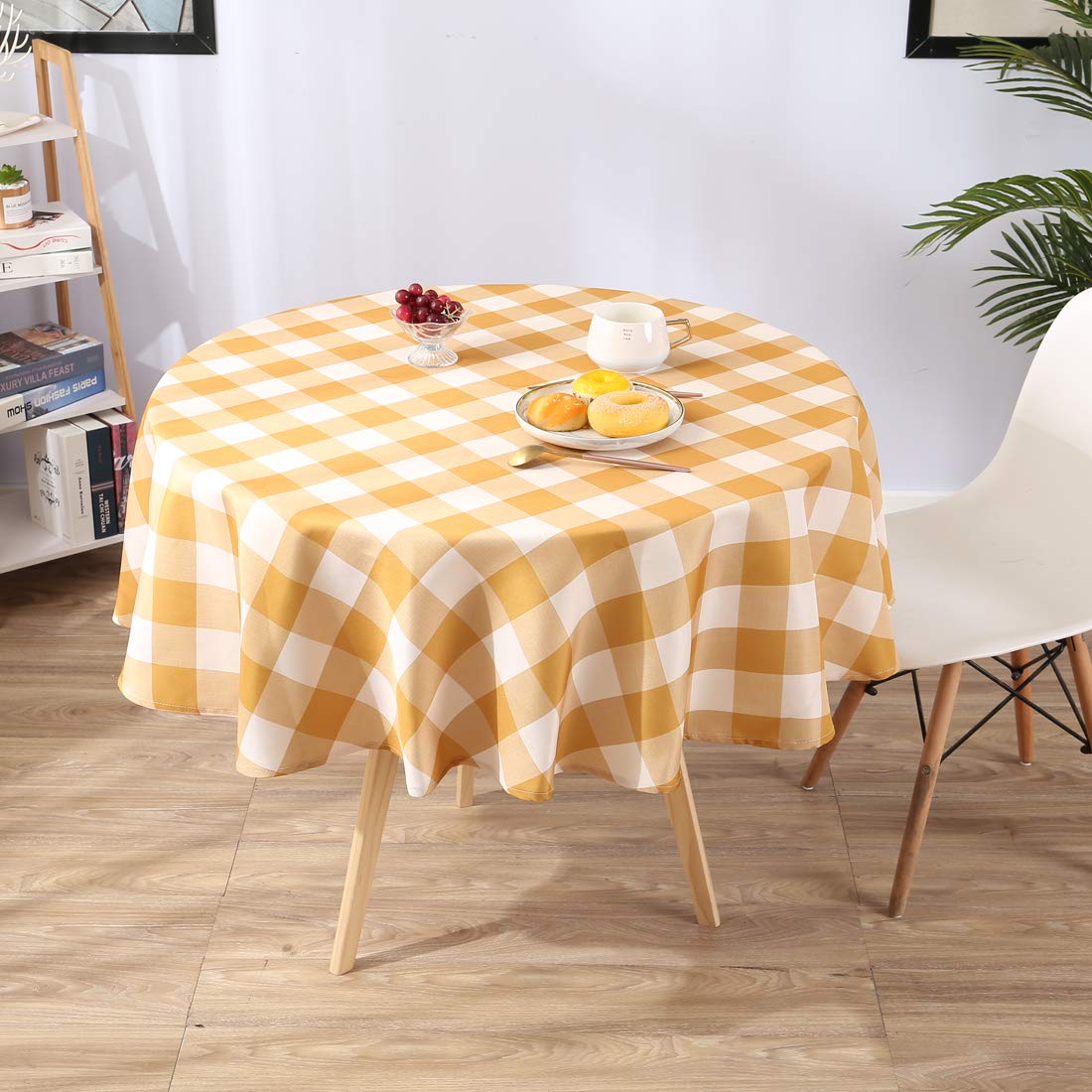 60 Inch Round Gingham Tablecloth - Spillproof & Washable Fall Table Cover for Dinner, Picnic, Thanksgiving - Yellow Checkered Design for Home Decor & Outdoor Dining