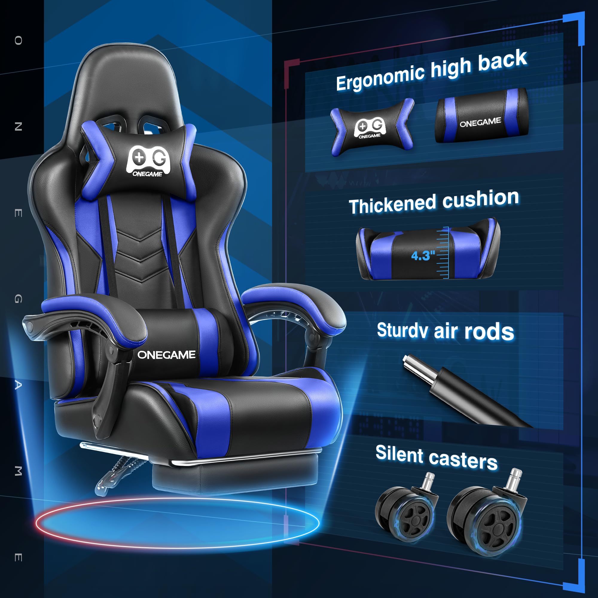 OneGame Ergonomic Gaming Chair with Footrest - High Back PU Leather Racing Style Computer Chair for Home Office - Adjustable Height Video Game Chair (Black/Blue) - Perfect for Esports, Streaming & Long Gaming Sessions