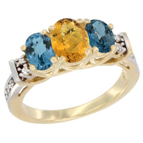 10K Yellow Gold Natural Whisky Quartz & London Blue Topaz 3-Stone Ring with Oval Diamond Accents - Elegant Jewelry for Weddings, Anniversaries & Special Occasions