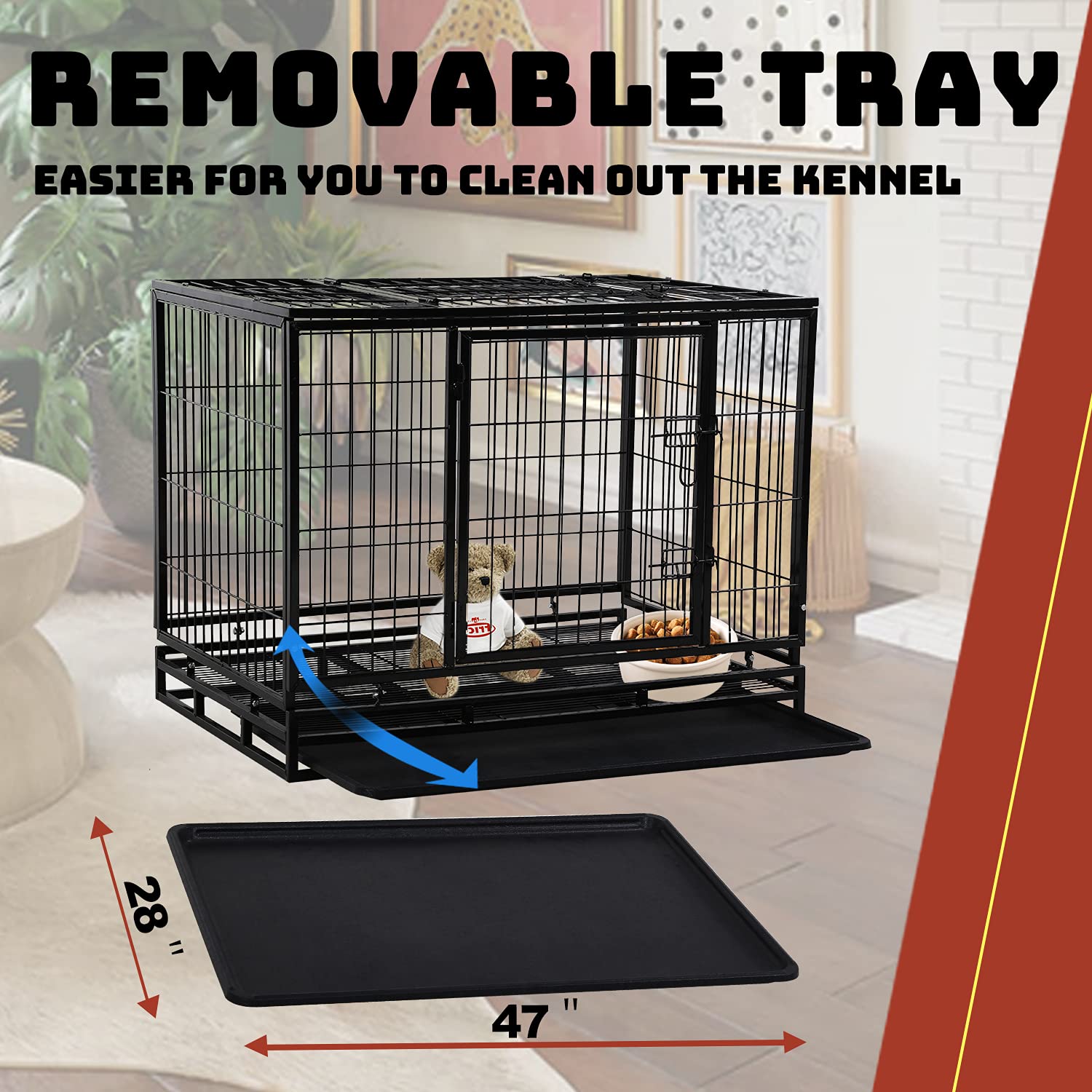 HCY 48 Inch Heavy Duty Foldable Dog Crate with Lockable Wheels, Double Doors & Removable Tray - Large Dog Cage Kennel for Small to Big Pets - Indoor/Outdoor Training, Travel & Home Use - Black (DC-4885)