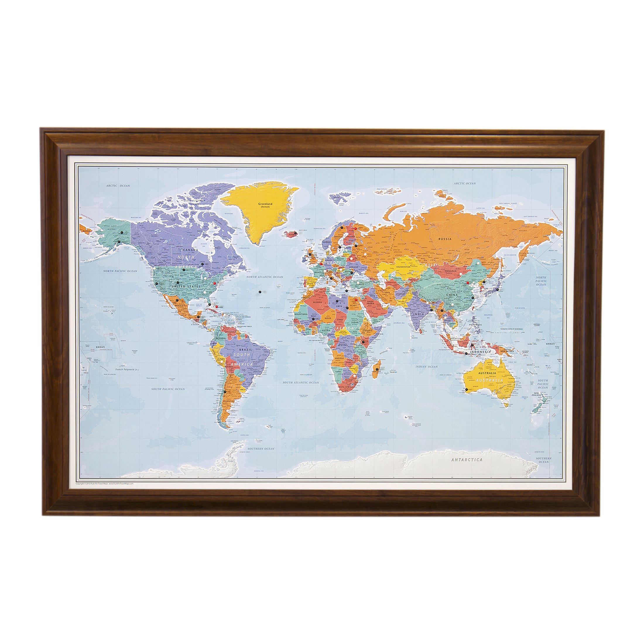 Push Pin Travel Map - Blue Oceans World with Brown Frame - 27.5