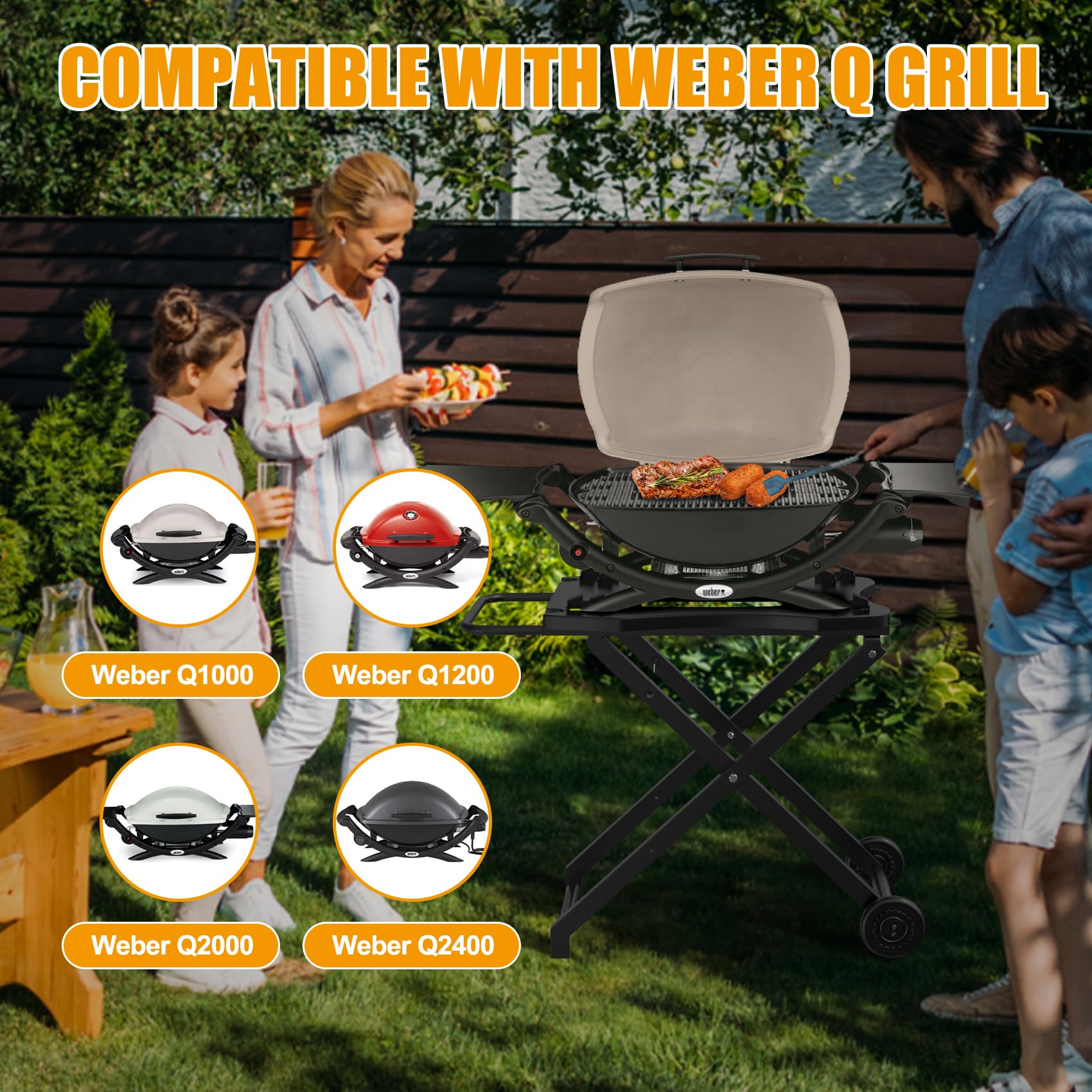 Portable Grill Stand for Weber Q Series - Heavy-Duty Collapsible BBQ Table for Q1200, Q1000, Q2000, Q1400 - 2-Wheel Outdoor Cooking Trolley for Tailgating, Camping & Backyard BBQs - Black