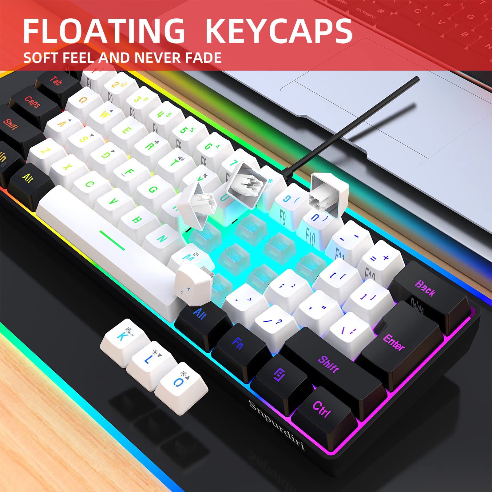 SNPURDIRI 60% Wired Mechanical Gaming Keyboard - 61 Key RGB Backlit Ultra-Compact Keyboard for PC & Mac Gamers, Typists & Office Work | Portable Travel Keyboard for Business Trips & Small Spaces (Black-White) | Perfect for Esports, Coding & Home Office Setup