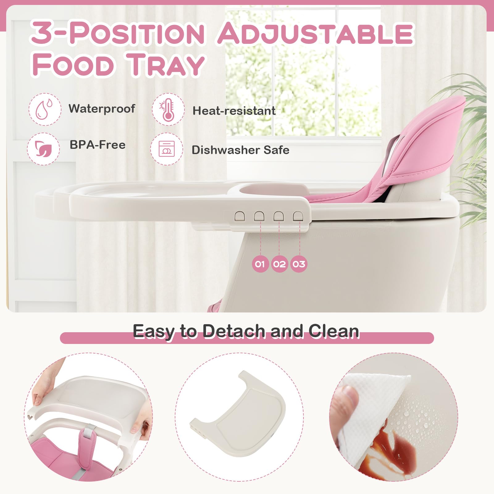 KOTEK 3-in-1 Convertible Wooden High Chair for Babies & Toddlers - Adjustable Height, 3-Position Food Tray, 5-Point Safety Harness with PU Cushion & Footrest - Pink Baby Dining Chair for Home, Restaurant & Daycare Use