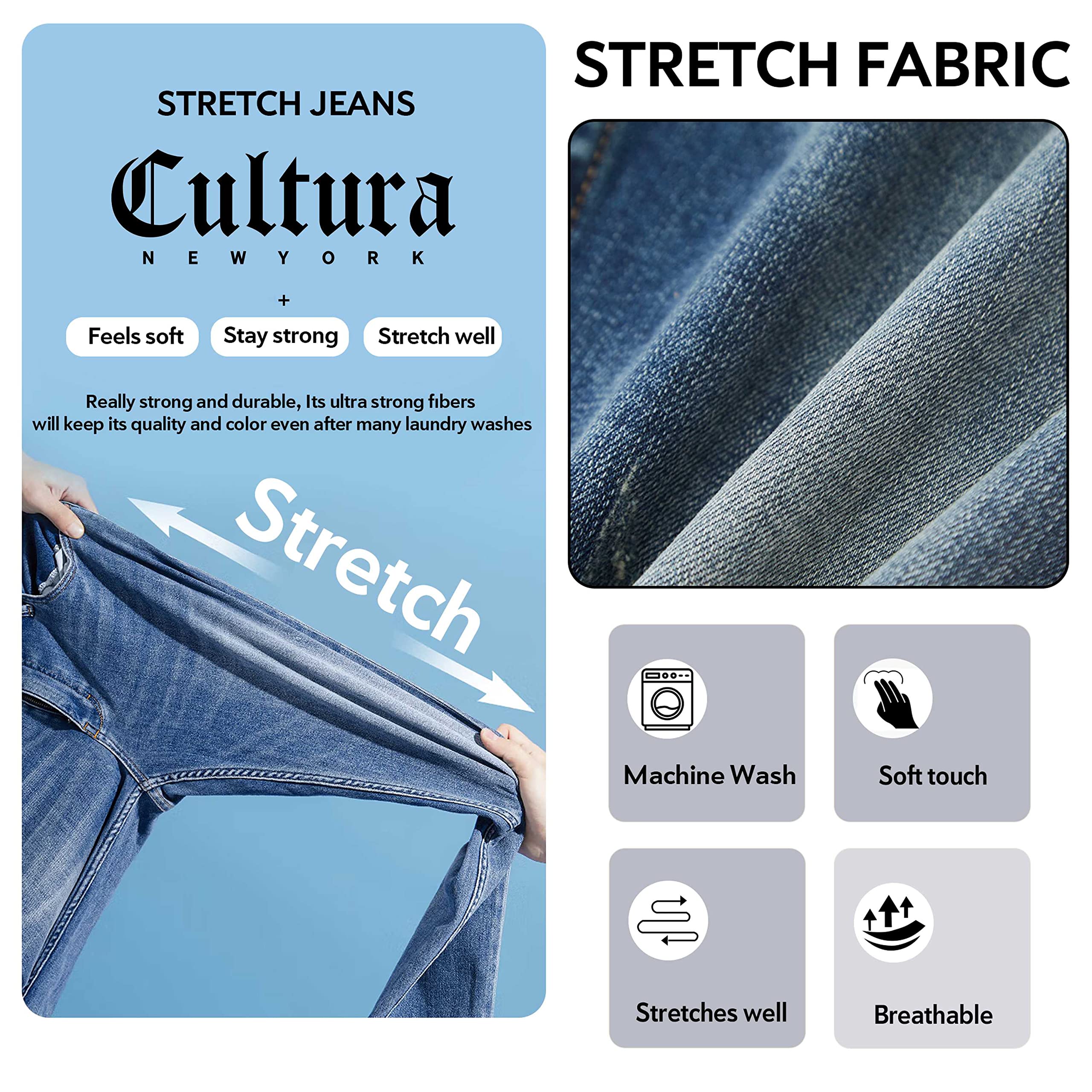 **CULTURA AZURE Men's Stretch Denim Jeans - Washed Tapered Fit for Big & Tall - Blue & Black (36W x 32L) | Casual Comfort for Everyday Wear, Work & Weekend Outings**