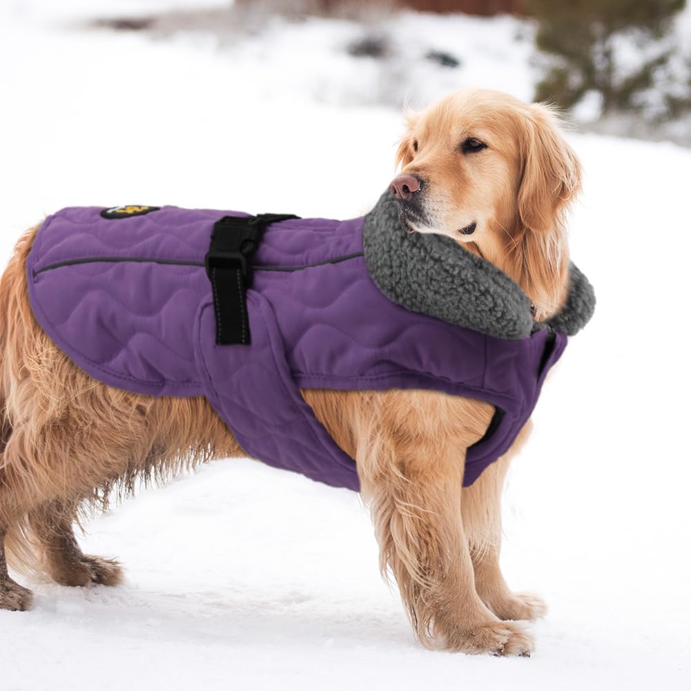**Warm Fleece-Lined Dog Winter Coat - Adjustable Windproof Jacket for Small, Medium & Large Dogs - Quick Release Buckle - Purple - Perfect for Cold Weather Walks & Outdoor Adventures**