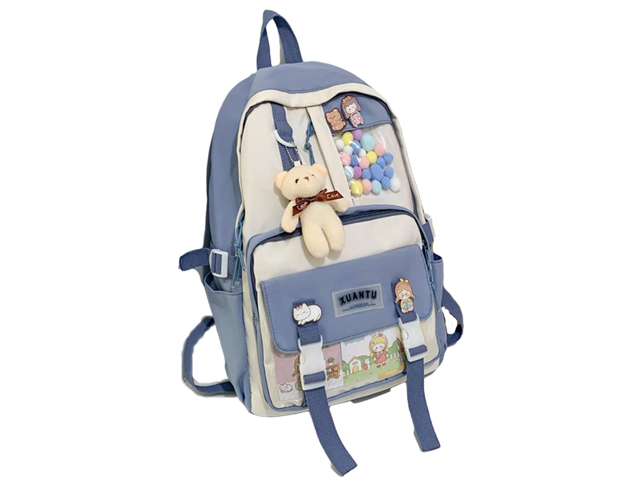 Cute Kawaii Backpack for Teen Girls - Stylish School Bookbag with Adorable Pins & Accessories (Blue) - Perfect for School, Travel & Everyday Use