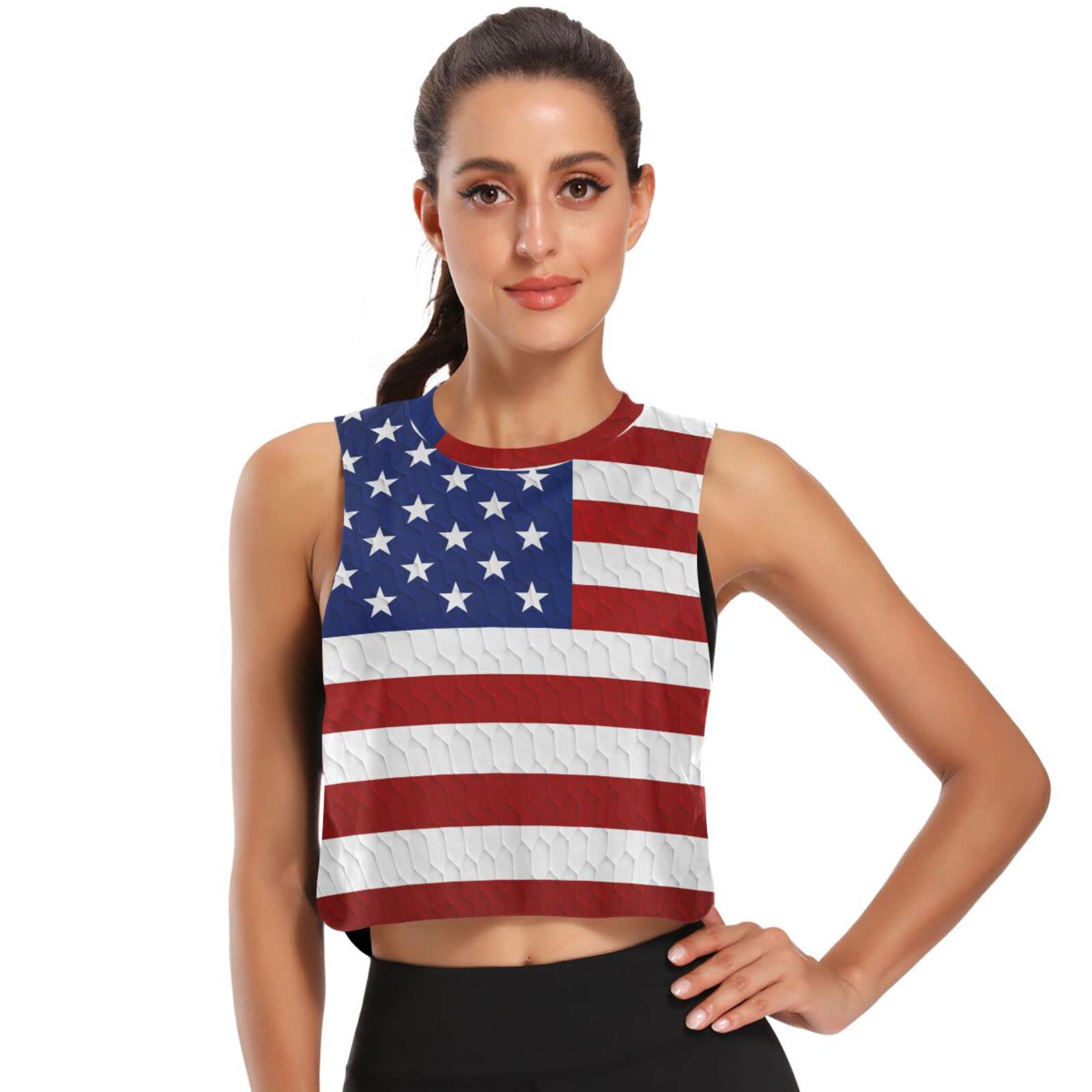 American Flag Women's Sleeveless Crop Top - Athletic Running Tank Top for Workout & Patriotic Events | Gym, Jogging, 4th of July Outfit