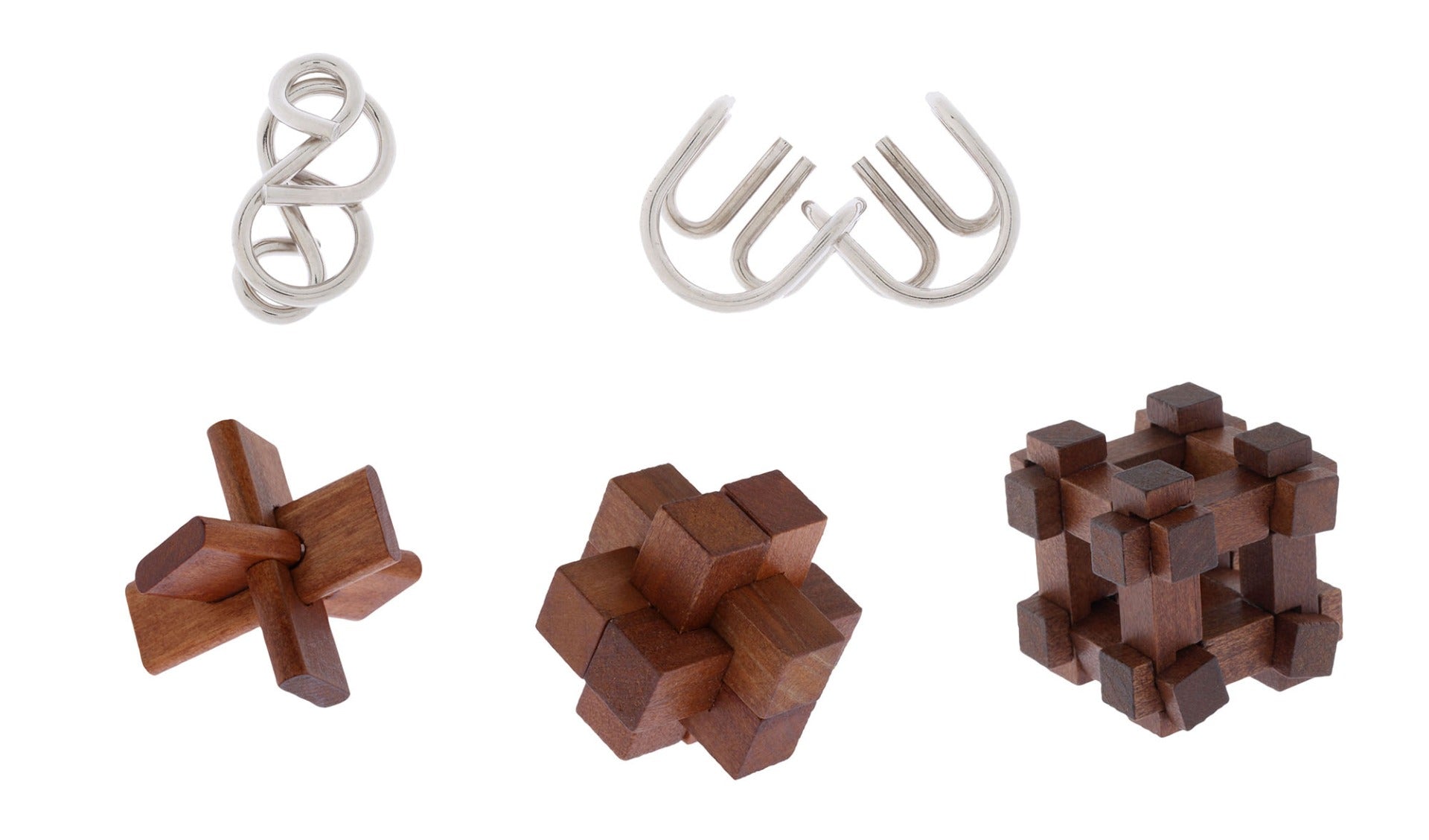 Great Minds Set of 5 Metal & Wood Brain Teaser Puzzles - Challenging Logic Games for Adults & Kids - Perfect for Family Game Night, Office Stress Relief & Cognitive Training