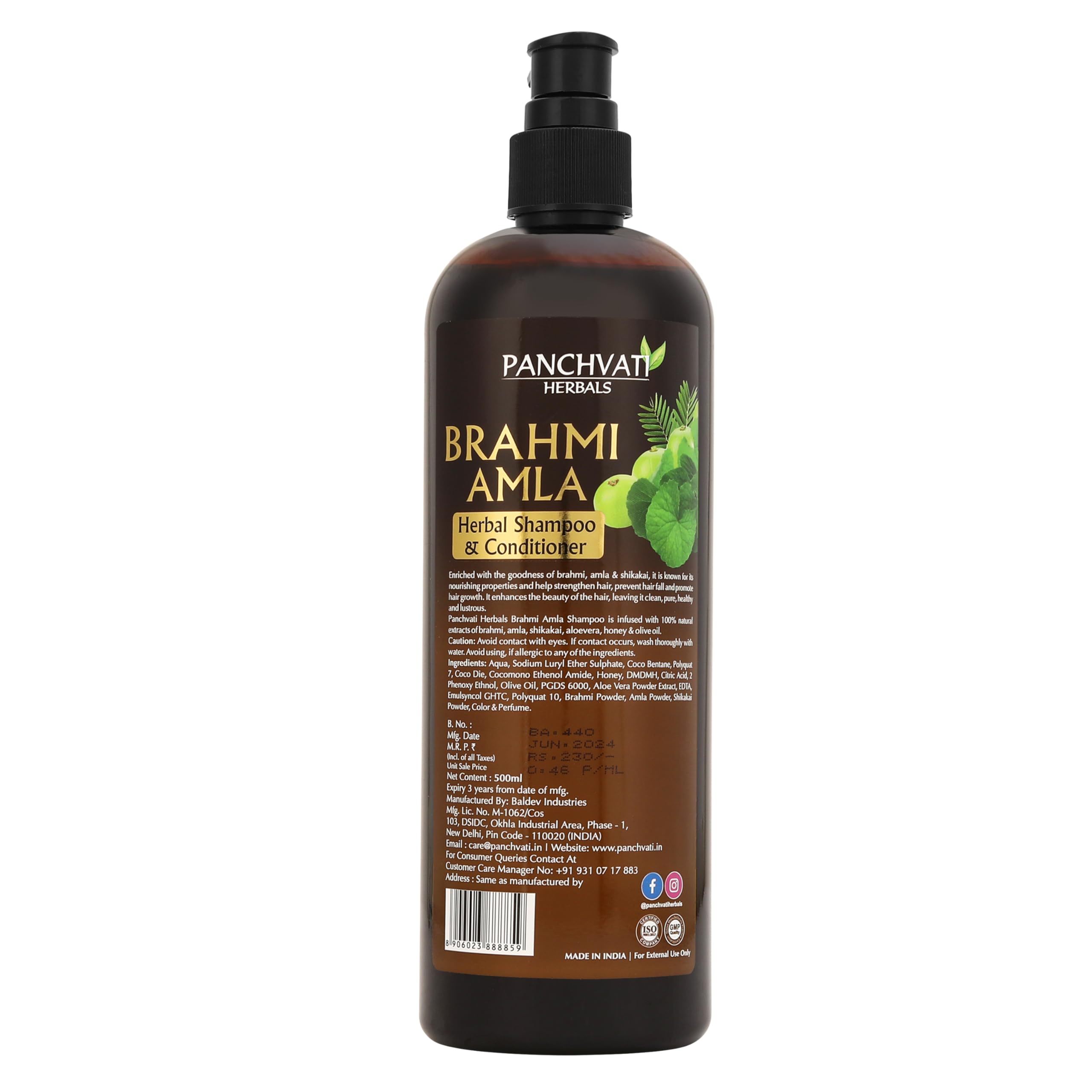 Panchvati Herbals Brahmi Amla Shampoo & Conditioner with Natural Plant Extracts - Promotes Hair Growth, Adds Shine & Volume (500ml) | Ideal for Dry, Damaged Hair & Scalp Care at Home