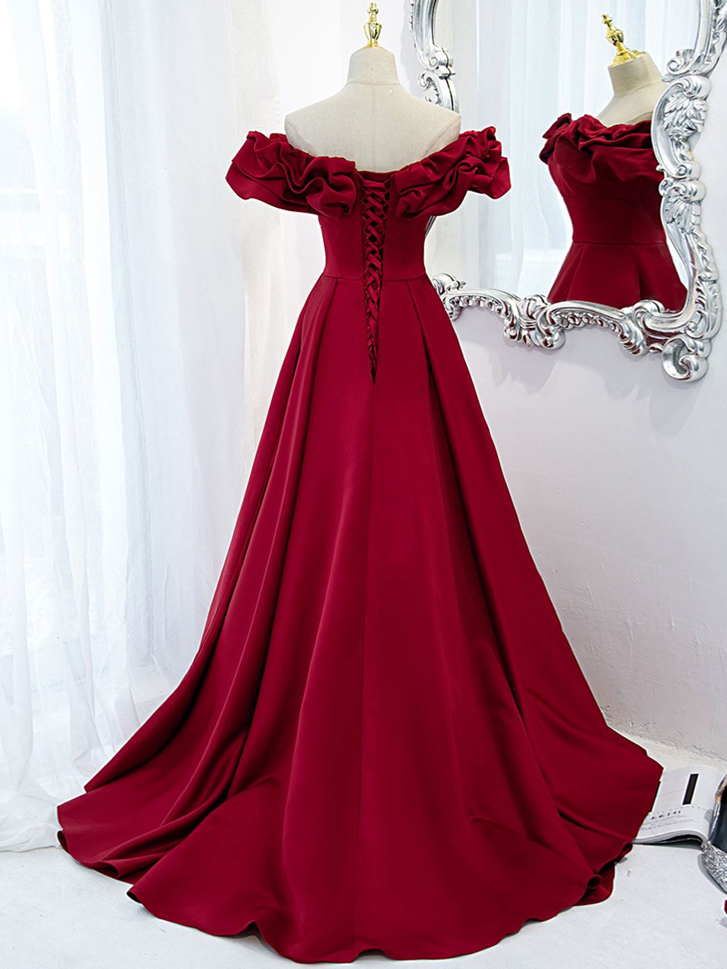Elegant Burgundy Off Shoulder Satin Long Prom Dress for Women - Formal Evening Gown for Homecoming, Wedding, and Special Occasions