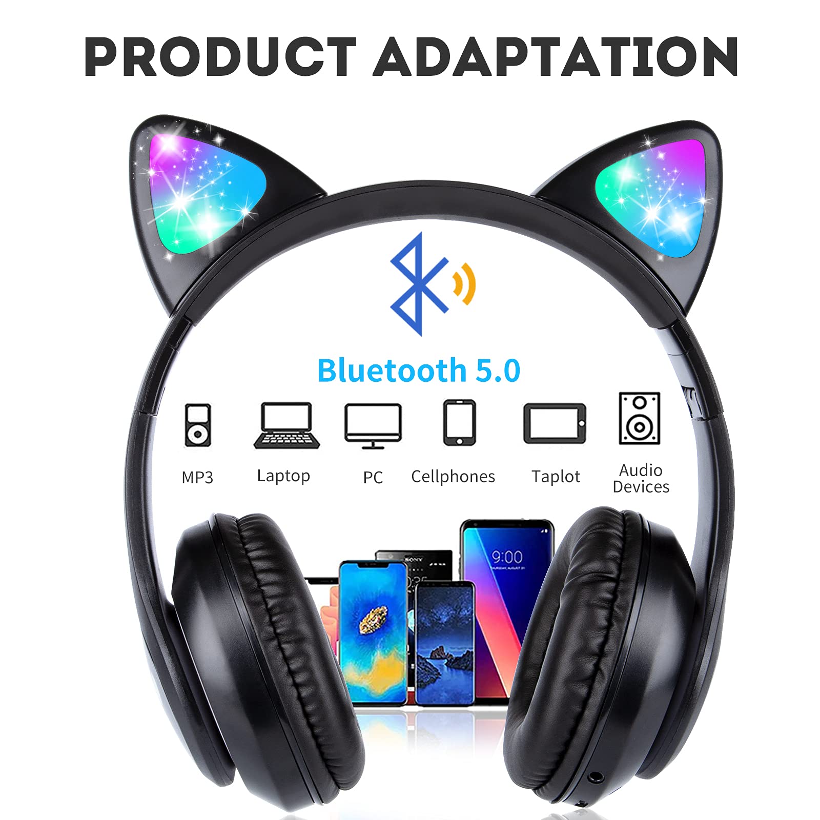 Wireless Cat Ear LED Bluetooth Headphones for Kids - Foldable Over-Ear Adjustable Headset with Microphone, Stereo Sound, Light Up Feature - Perfect Gift for Cat Lovers (Black) - Great for Gaming, Music, Online Classes & Travel