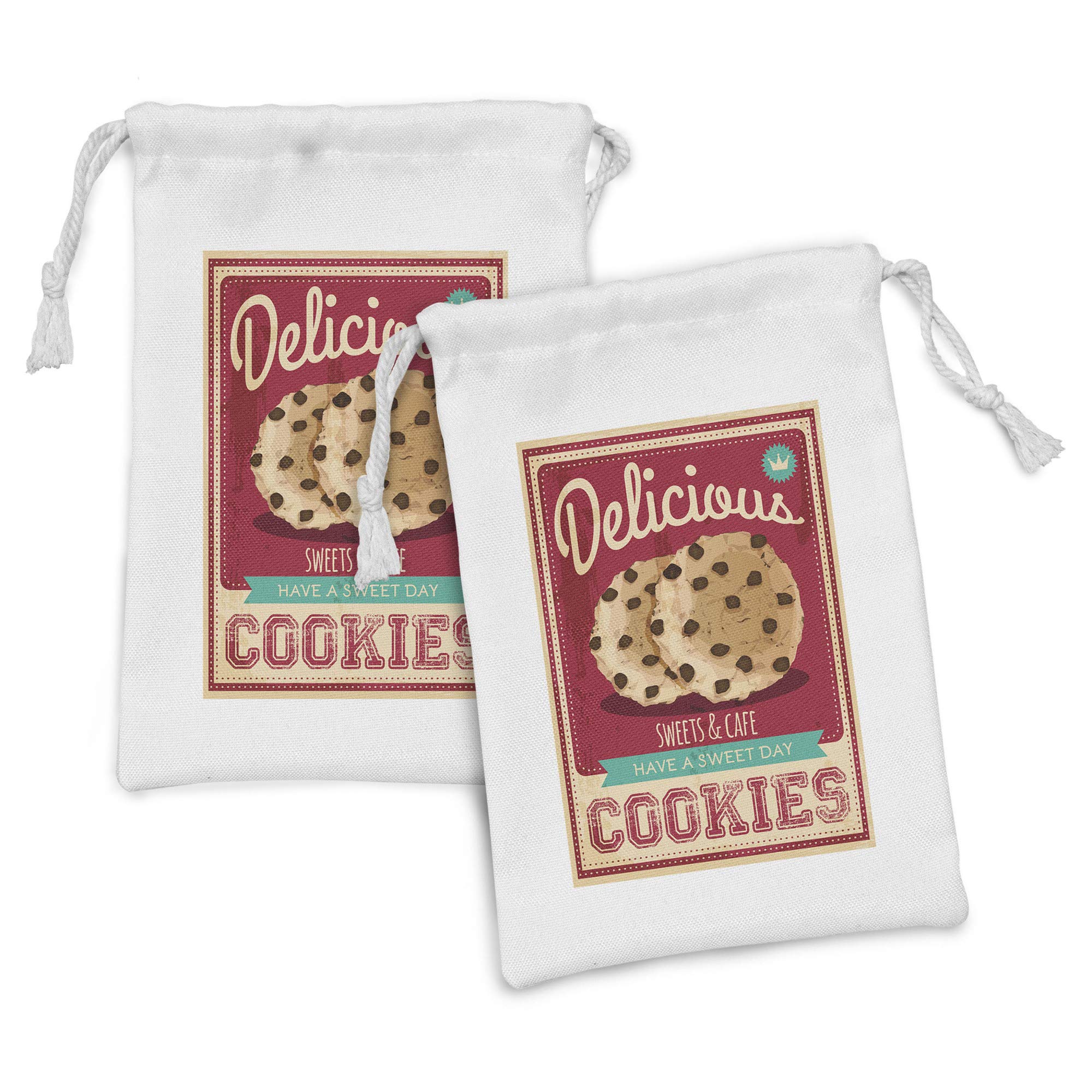 Ambesonne 2-Pack Cookie Fabric Pouch Set - Chocolate Chip Vintage Design Drawstring Bags (9