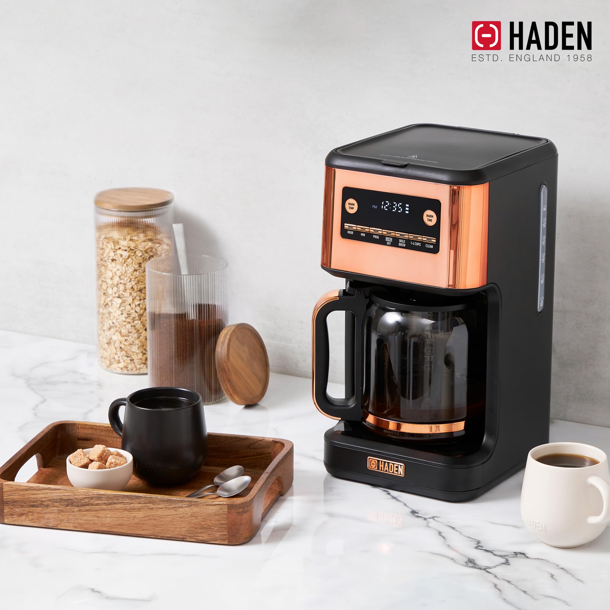 HADEN 14-Cup Programmable Coffee Maker with 120-Minute Keep Warm, Delay Brew & Adjustable Strength - Black/Copper - Perfect for Home, Office & Entertaining