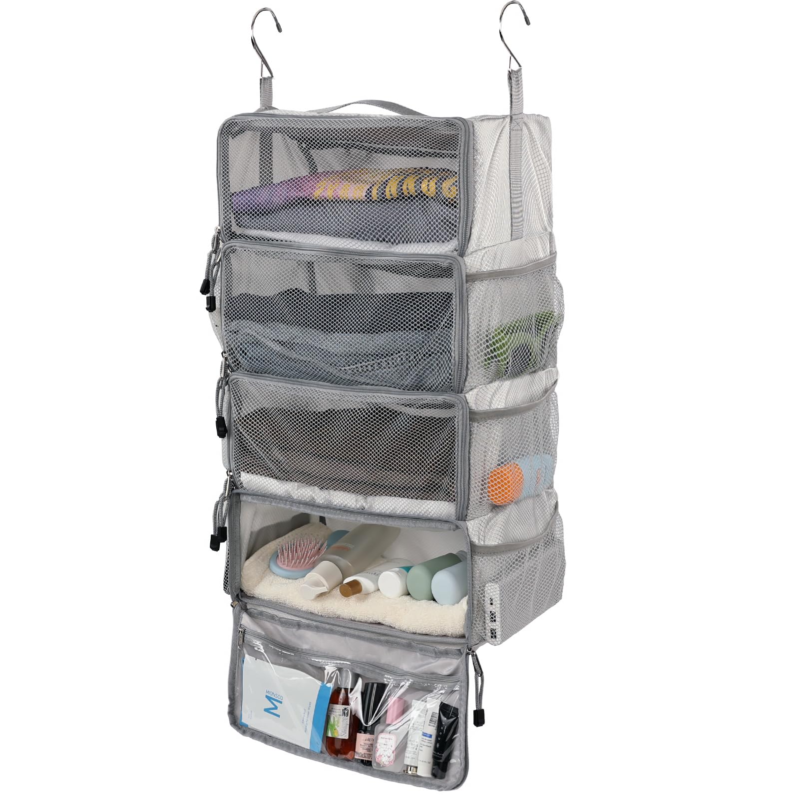Surblue Travel Hanging Packing Cubes - 4 Shelf Closet Organizer with 2 Hooks, Portable Compression Luggage Storage for Clothes (Medium, Light Grey) | Perfect for Suitcase Organization, Business Trips & Vacation Packing