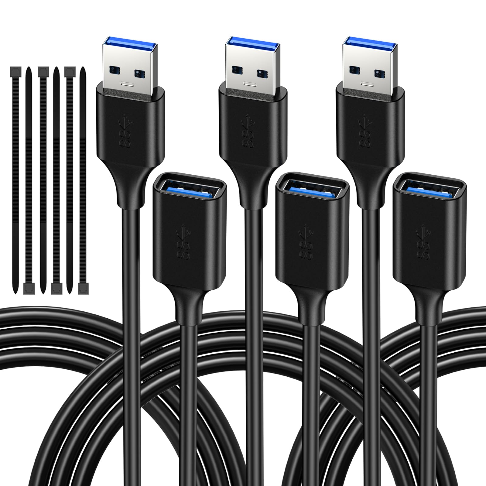 5FT USB 3.0 Extension Cable (3 Pack) - USB A Male to Female High Speed Data Sync & Charging Cord - Compatible with Flash Drive, Hard Drive, Webcam, Printer, Keyboard, Mouse, PS5, Xbox Series X - Perfect for Gaming, VR Headsets & Home Office Setup