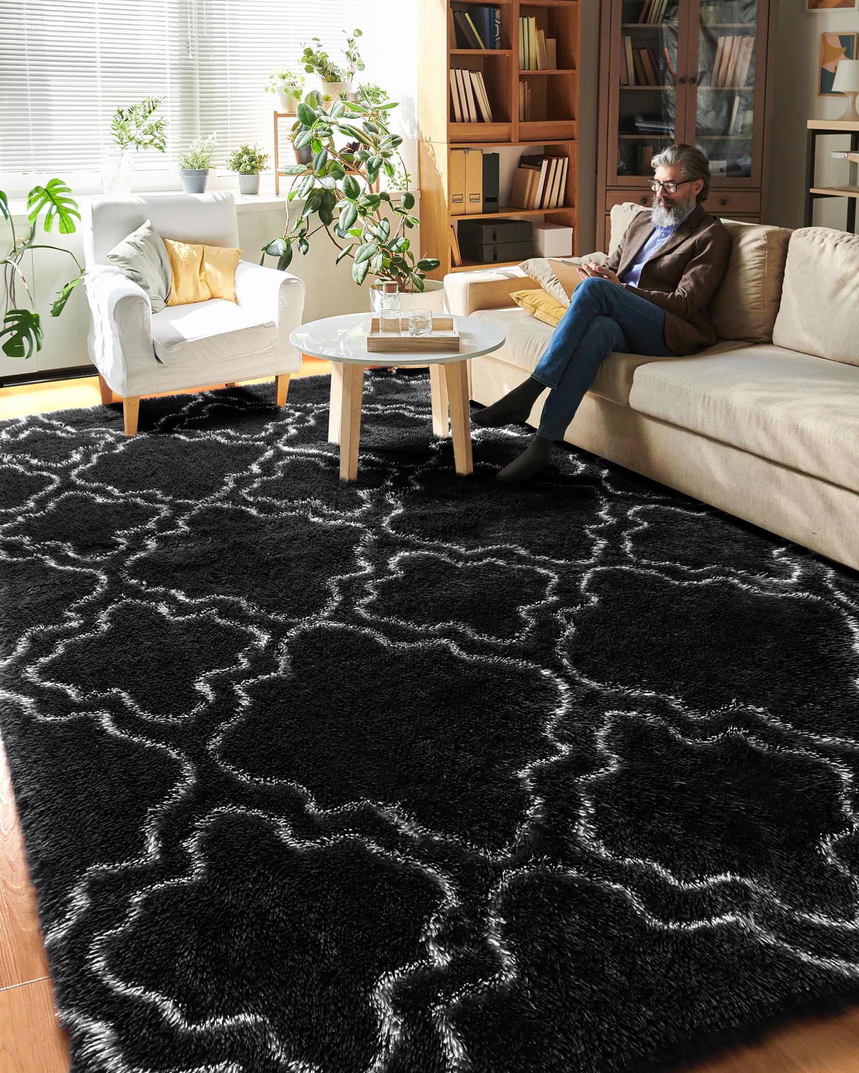 Fluffy 8x10 Area Rugs for Living Room - Soft Plush Shaggy Fur Rug with Black Geometric Pattern, Modern Fuzzy Carpet for Bedroom, Dorm, Kids Room Decor - Perfect for Cozy Home, Office & Nursery (Black and White)