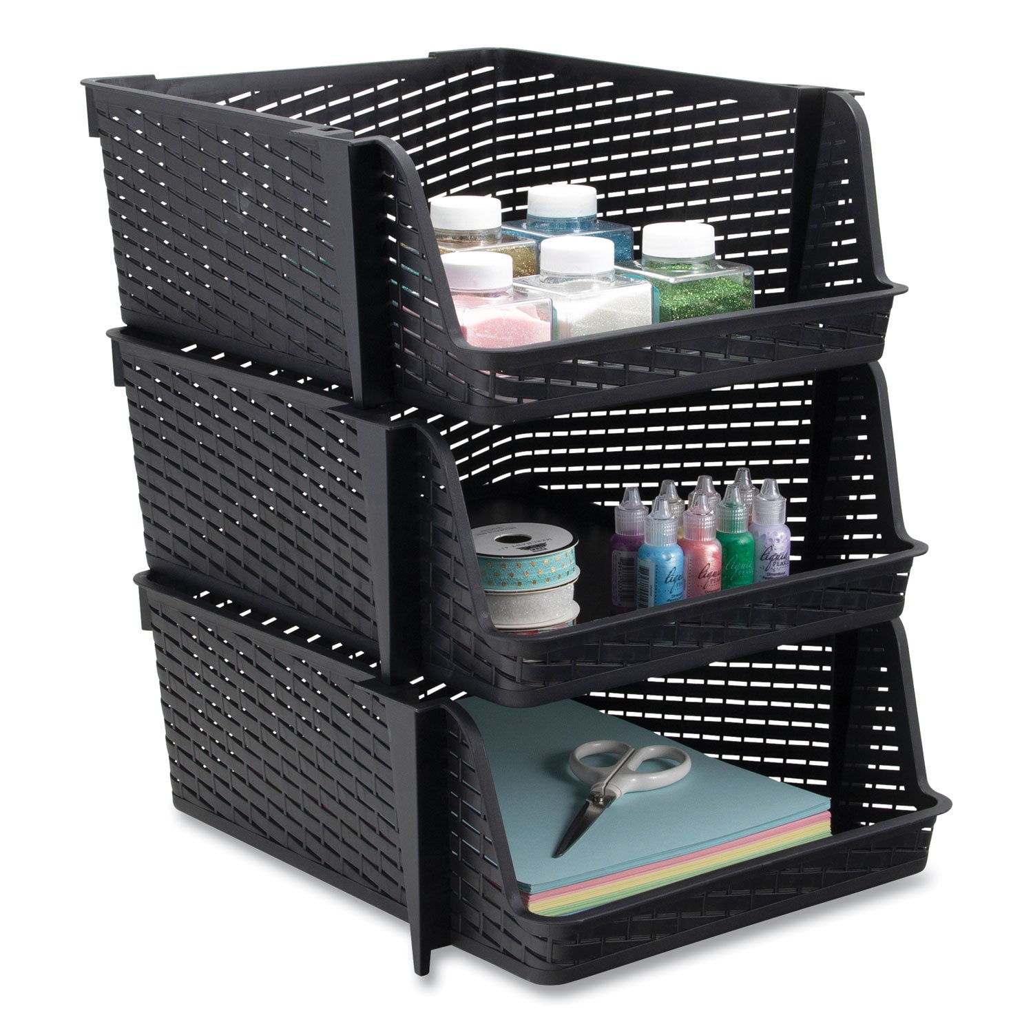 Advantus Nest and Stack Open Lid Storage Bin - 13.5 x 15 x 8.5 Inches, Black Plastic Organizer Bins, Set of 3 - Perfect for Home Organization, Closet Storage, and Office Supplies
