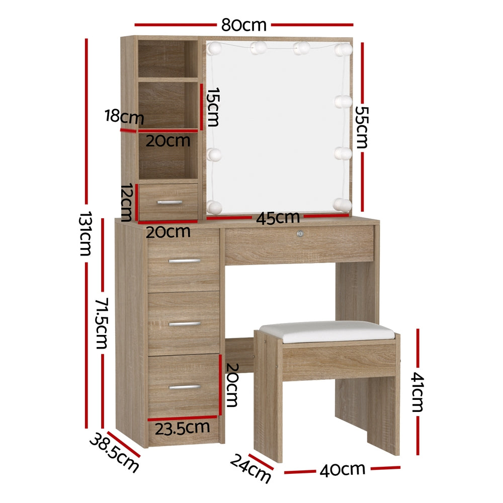 Vanity Dressing Table Set with Stool & 10 LED Bulbs - Wooden Makeup Desk for Bedroom, Boudoir, and Beauty Salon | Perfect for Makeup Application, Hair Styling & Home Decor